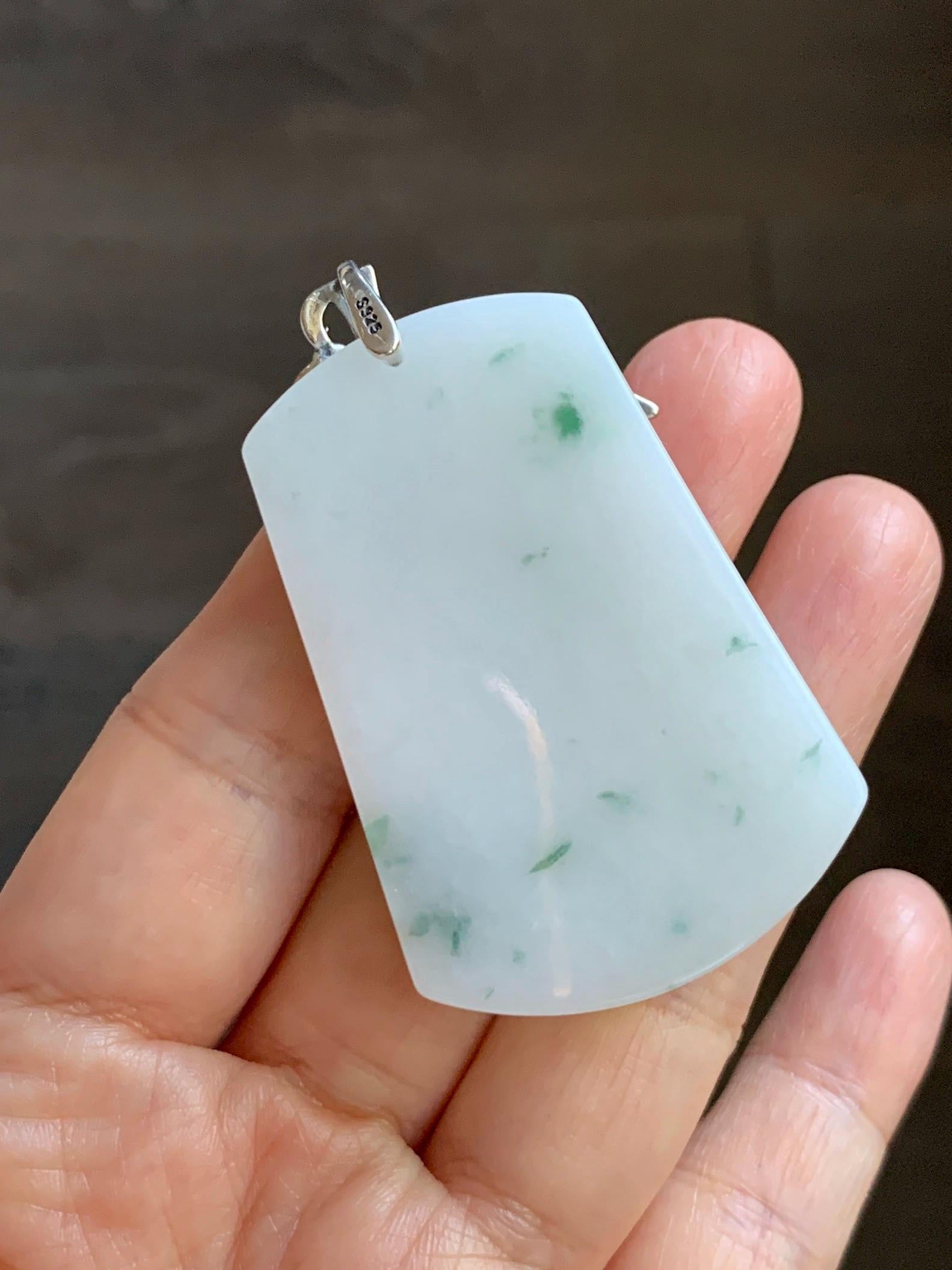 Natural Grade A Icy Translucent White & Green Marbled Jade Jadeite Large Wu Shi Pai Pendant Sterling Silver 38g 天然细糯白飘绿翡翠无事牌吊坠 PLM350A