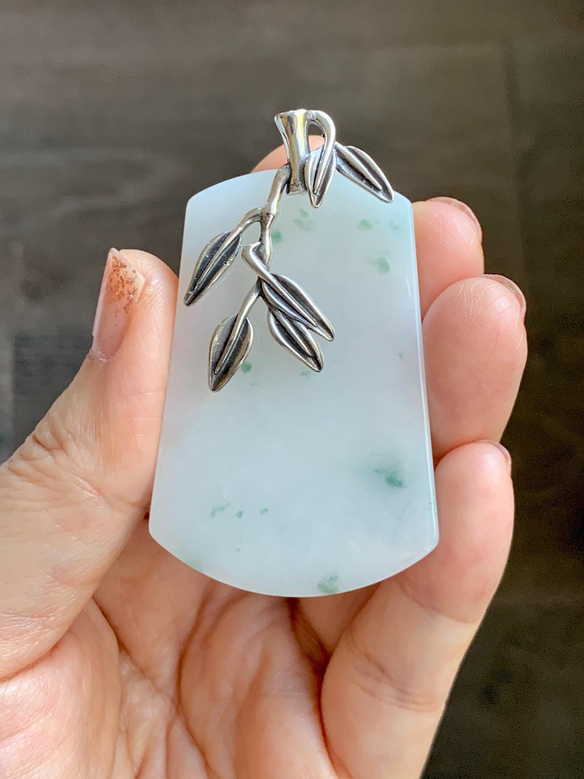 Natural Grade A Icy Translucent White & Green Marbled Jade Jadeite Large Wu Shi Pai Pendant Sterling Silver 38g 天然细糯白飘绿翡翠无事牌吊坠 PLM350A