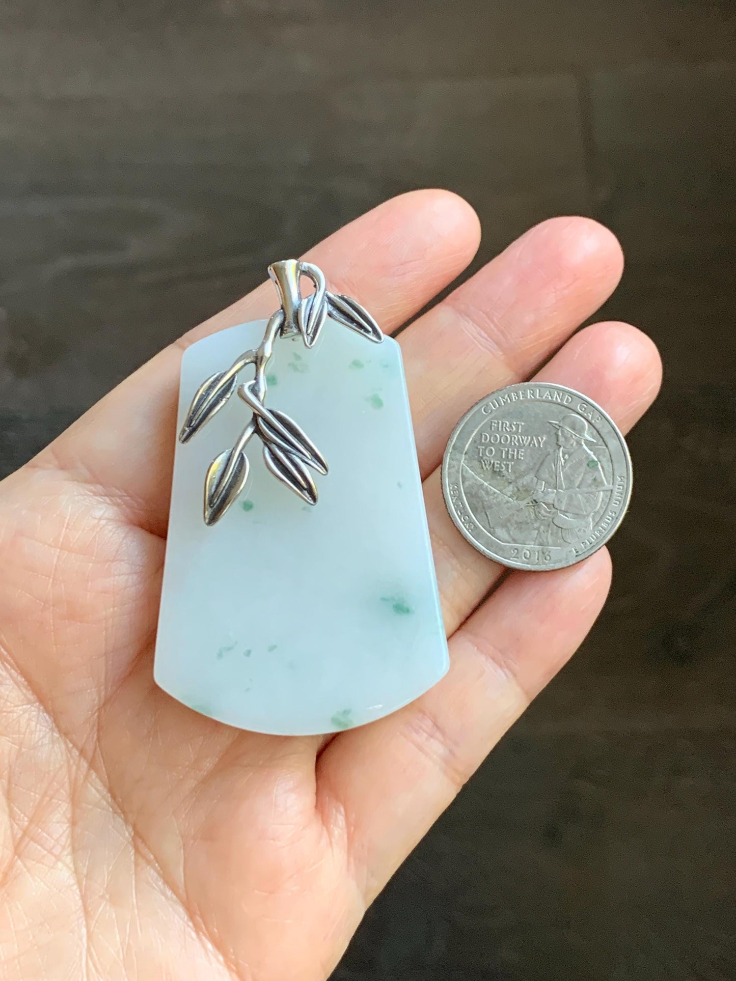 Natural Grade A Icy Translucent White & Green Marbled Jade Jadeite Large Wu Shi Pai Pendant Sterling Silver 38g 天然细糯白飘绿翡翠无事牌吊坠 PLM350A