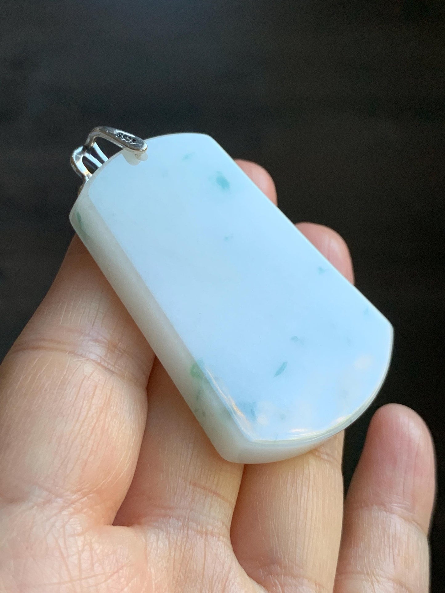 Natural Grade A Icy Translucent White & Green Marbled Jade Jadeite Large Wu Shi Pai Pendant Sterling Silver 38g 天然细糯白飘绿翡翠无事牌吊坠 PLM350A