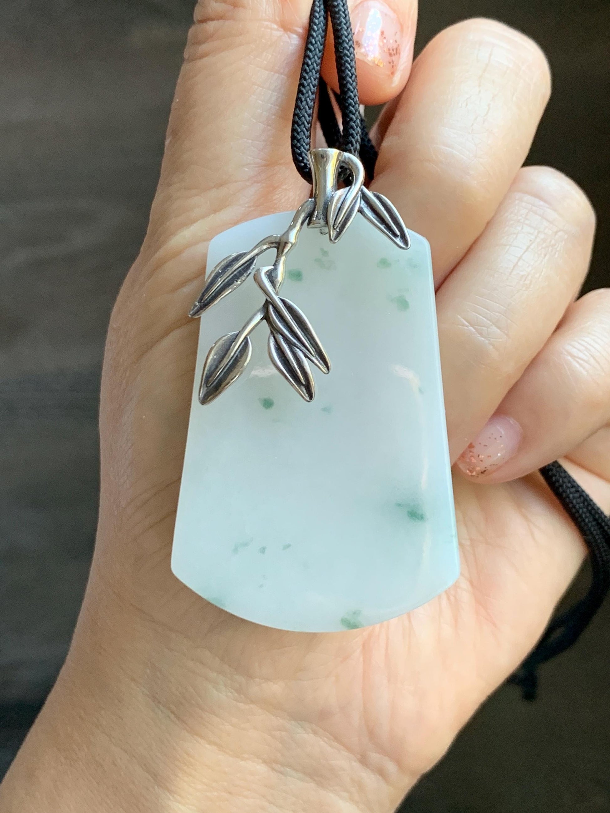 Natural Grade A Icy Translucent White & Green Marbled Jade Jadeite Large Wu Shi Pai Pendant Sterling Silver 38g 天然细糯白飘绿翡翠无事牌吊坠 PLM350A