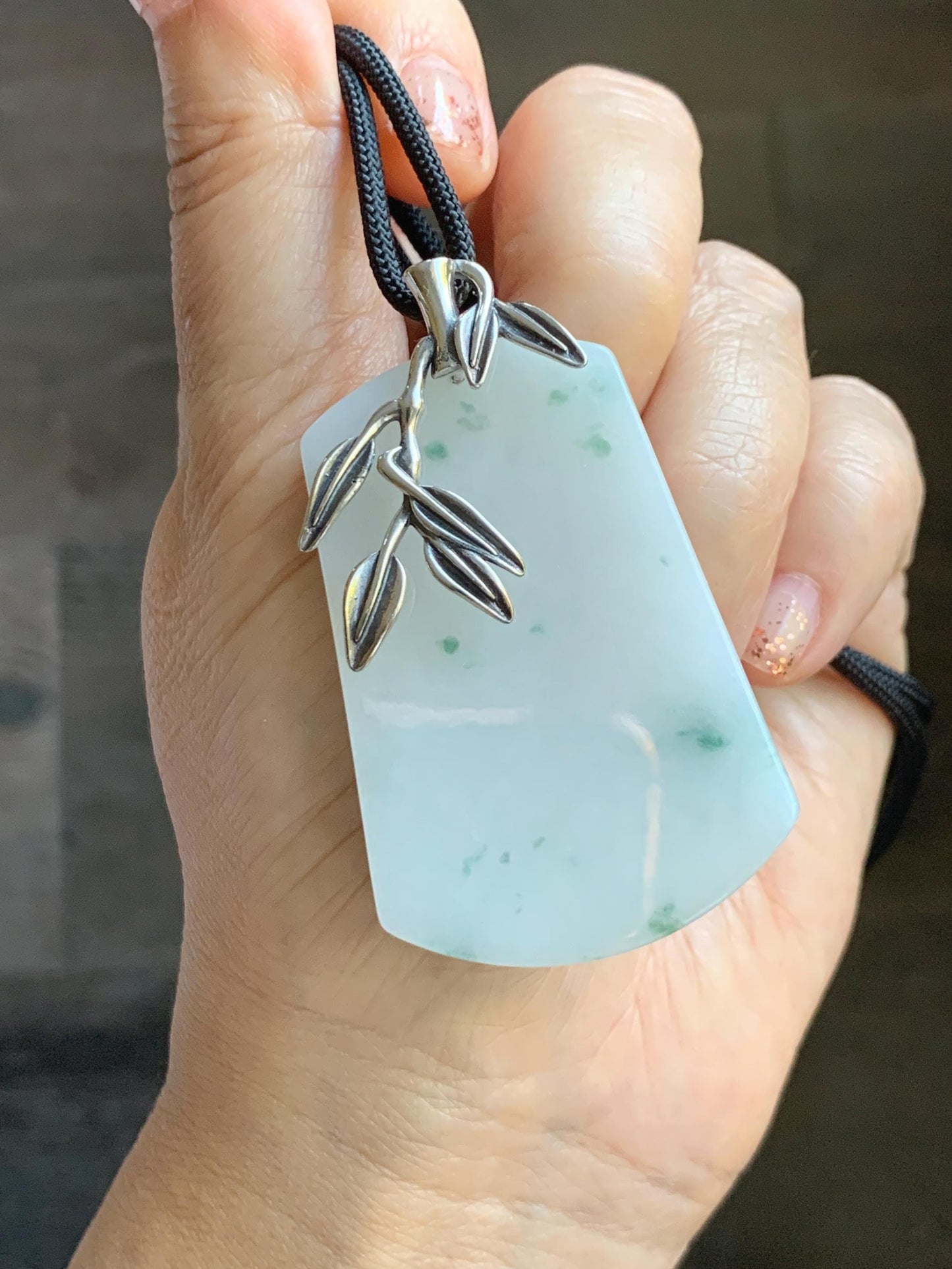 Natural Grade A Icy Translucent White & Green Marbled Jade Jadeite Large Wu Shi Pai Pendant Sterling Silver 38g 天然细糯白飘绿翡翠无事牌吊坠 PLM350A