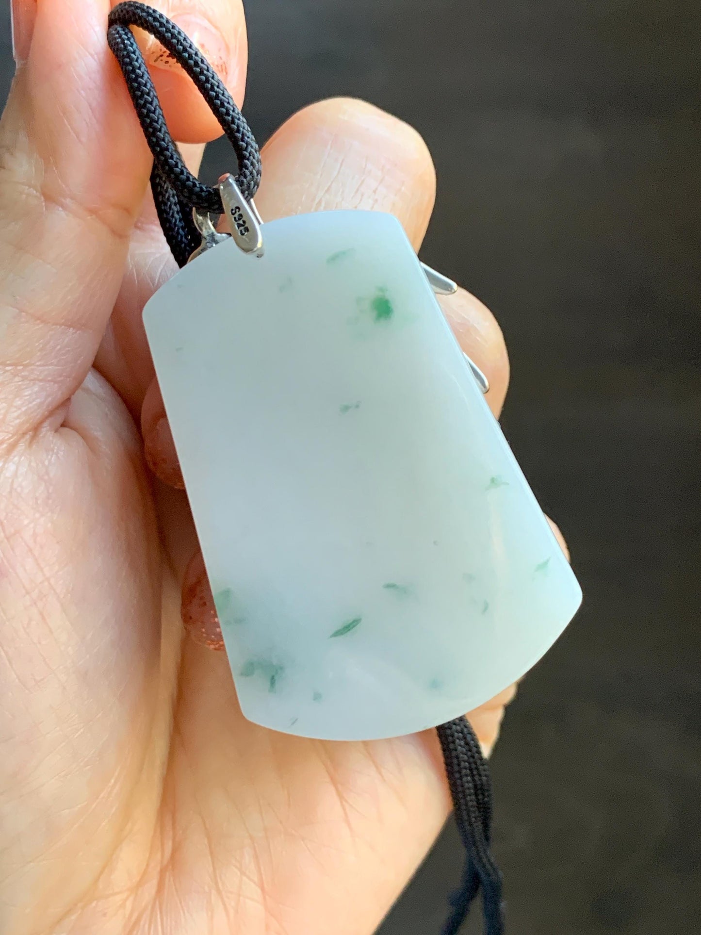 Natural Grade A Icy Translucent White & Green Marbled Jade Jadeite Large Wu Shi Pai Pendant Sterling Silver 38g 天然细糯白飘绿翡翠无事牌吊坠 PLM350A