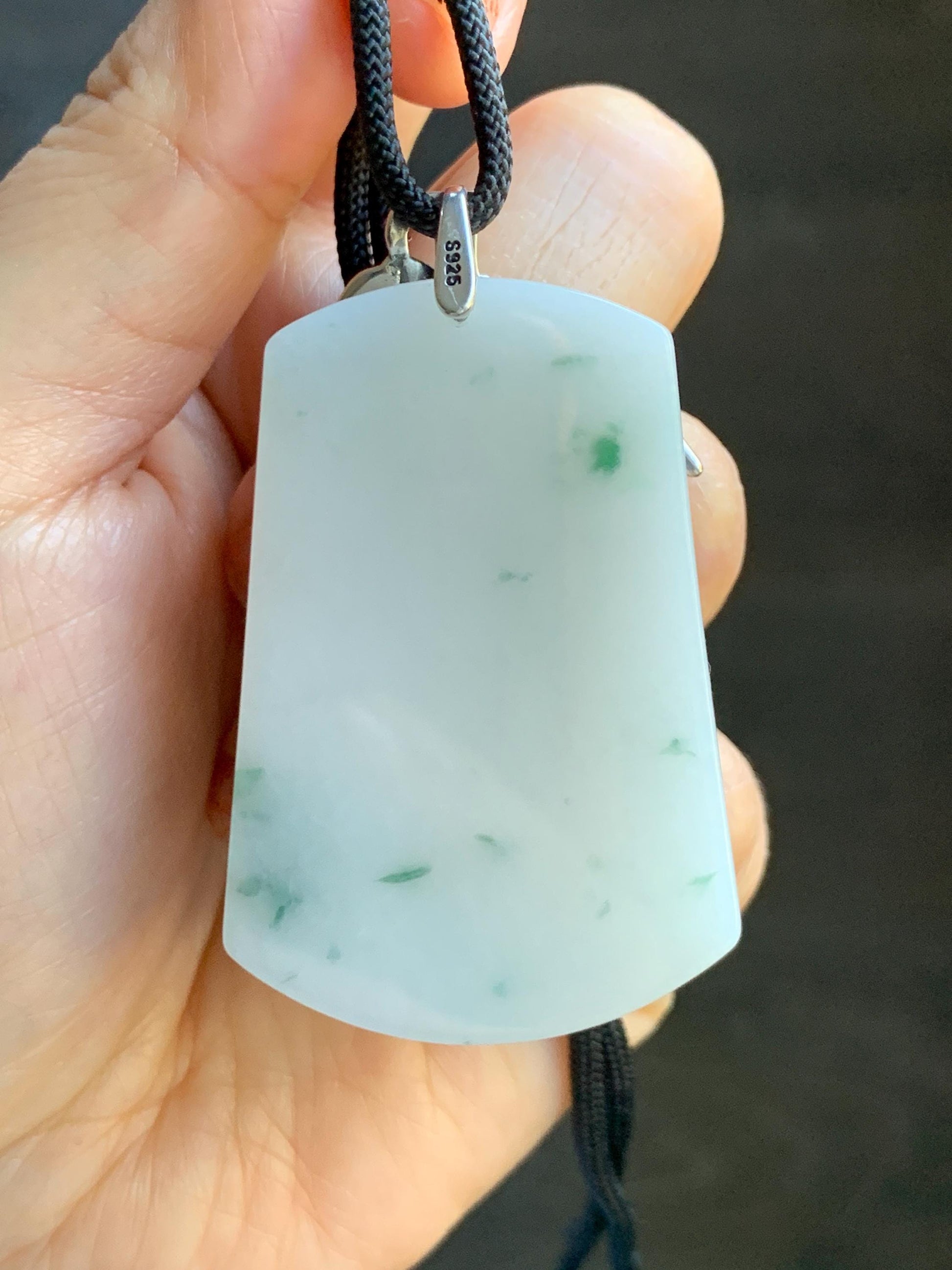 Natural Grade A Icy Translucent White & Green Marbled Jade Jadeite Large Wu Shi Pai Pendant Sterling Silver 38g 天然细糯白飘绿翡翠无事牌吊坠 PLM350A