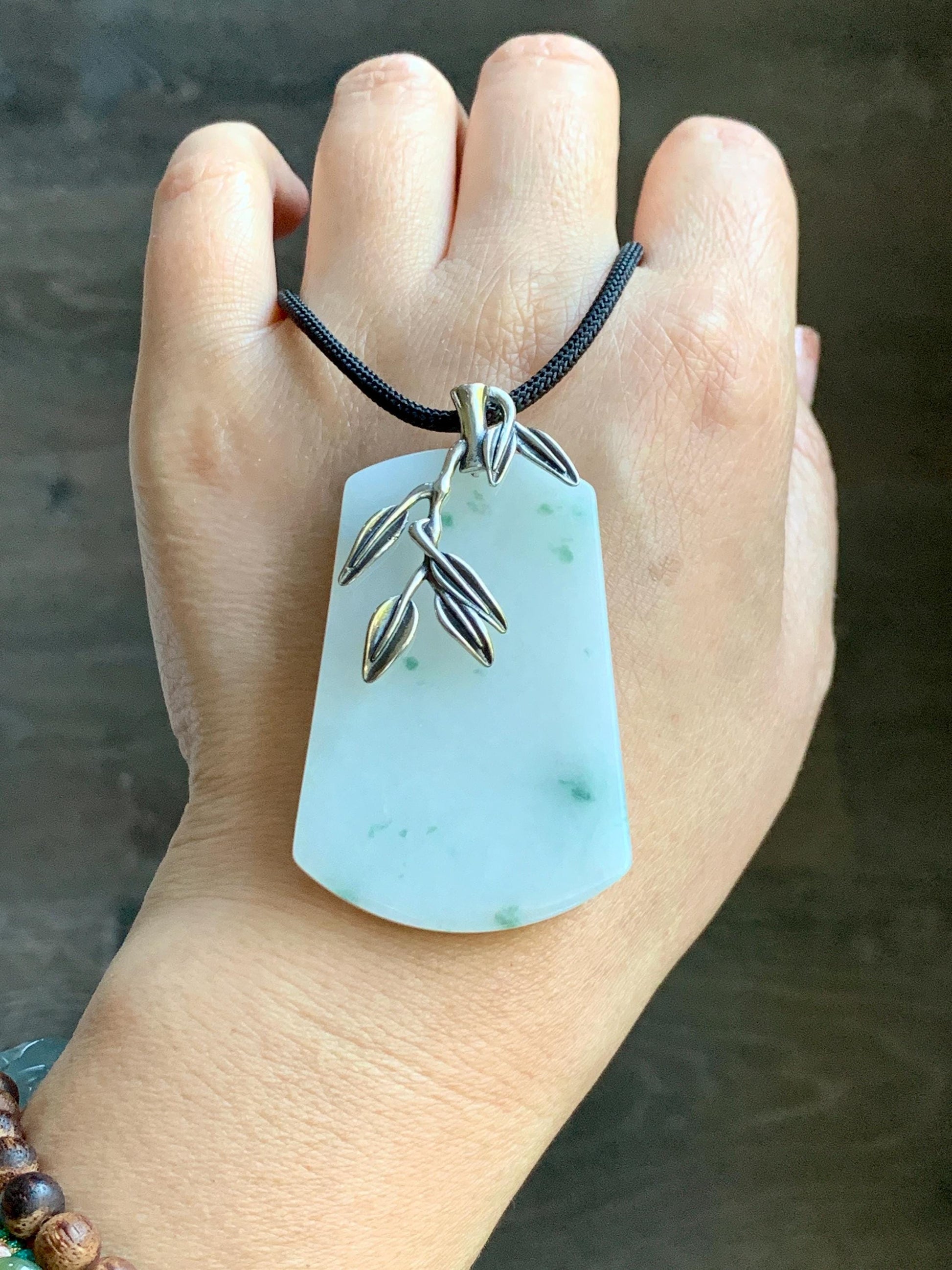 Natural Grade A Icy Translucent White & Green Marbled Jade Jadeite Large Wu Shi Pai Pendant Sterling Silver 38g 天然细糯白飘绿翡翠无事牌吊坠 PLM350A
