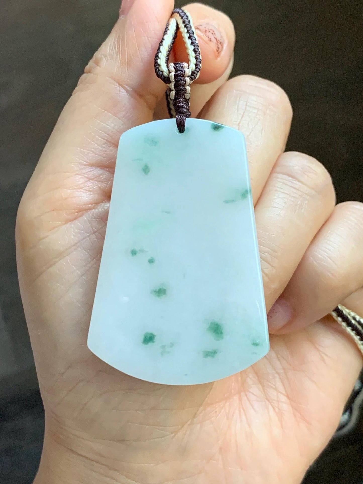 Natural Grade A Icy Translucent White & Green Marbled Jade Jadeite Large Wu Shi Pai Pendant Rope Pendant 28” 36g 天然细糯白飘绿翡翠无事牌吊坠 PLM350B