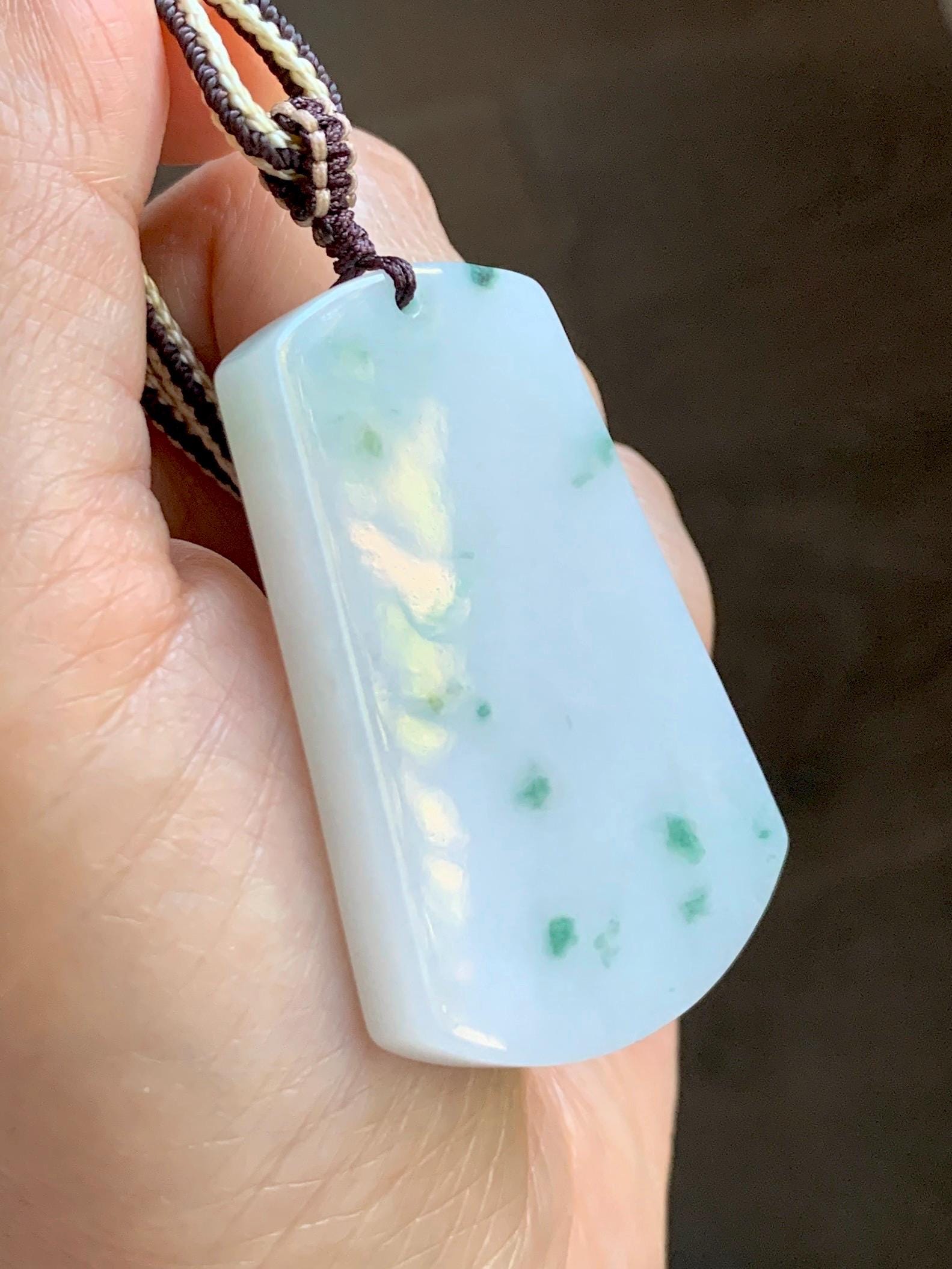 Natural Grade A Icy Translucent White & Green Marbled Jade Jadeite Large Wu Shi Pai Pendant Rope Pendant 28” 36g 天然细糯白飘绿翡翠无事牌吊坠 PLM350B