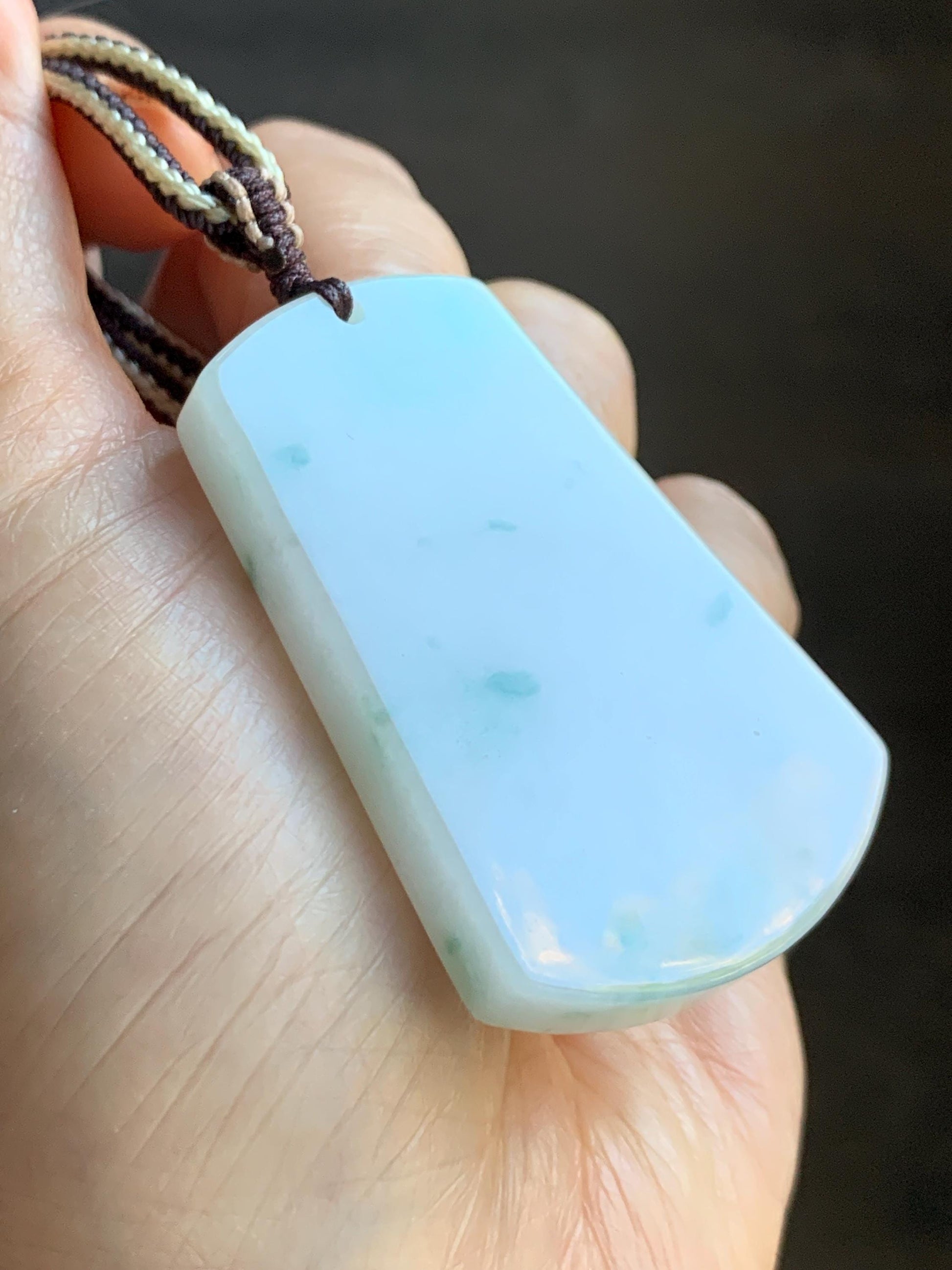 Natural Grade A Icy Translucent White & Green Marbled Jade Jadeite Large Wu Shi Pai Pendant Rope Pendant 28” 36g 天然细糯白飘绿翡翠无事牌吊坠 PLM350B