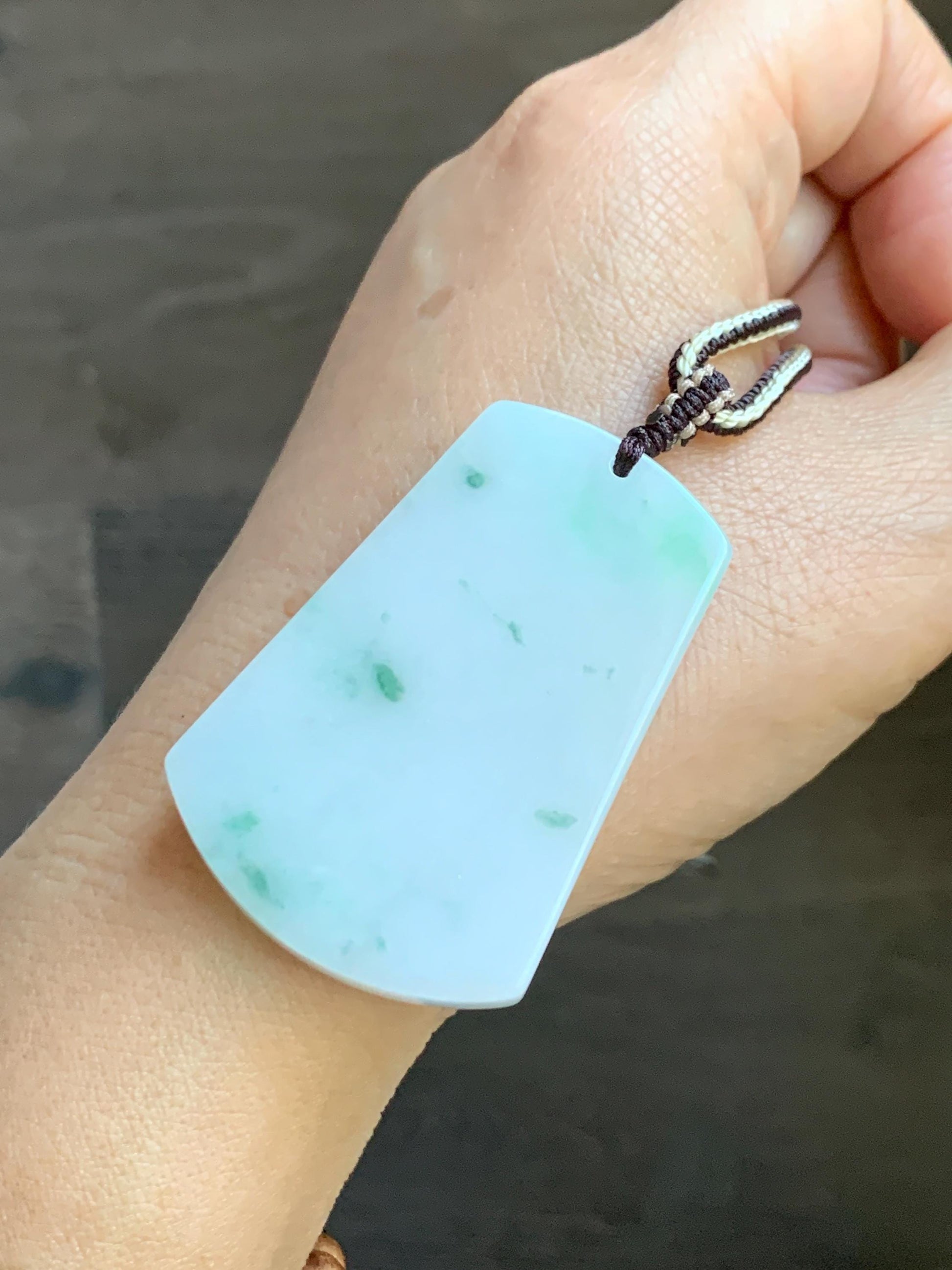 Natural Grade A Icy Translucent White & Green Marbled Jade Jadeite Large Wu Shi Pai Pendant Rope Pendant 28” 36g 天然细糯白飘绿翡翠无事牌吊坠 PLM350B