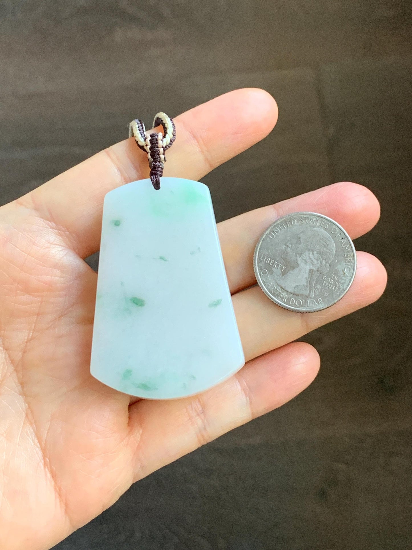 Natural Grade A Icy Translucent White & Green Marbled Jade Jadeite Large Wu Shi Pai Pendant Rope Pendant 28” 36g 天然细糯白飘绿翡翠无事牌吊坠 PLM350B