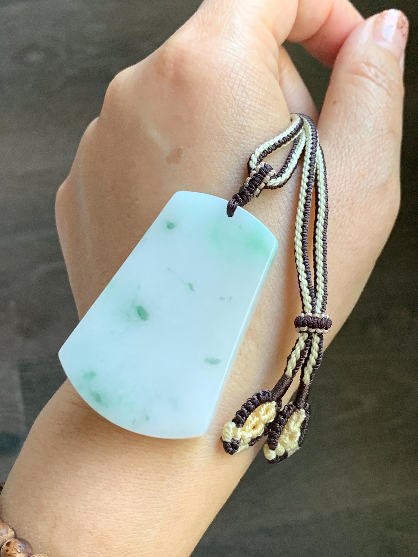Natural Grade A Icy Translucent White & Green Marbled Jade Jadeite Large Wu Shi Pai Pendant Rope Pendant 28” 36g 天然细糯白飘绿翡翠无事牌吊坠 PLM350B