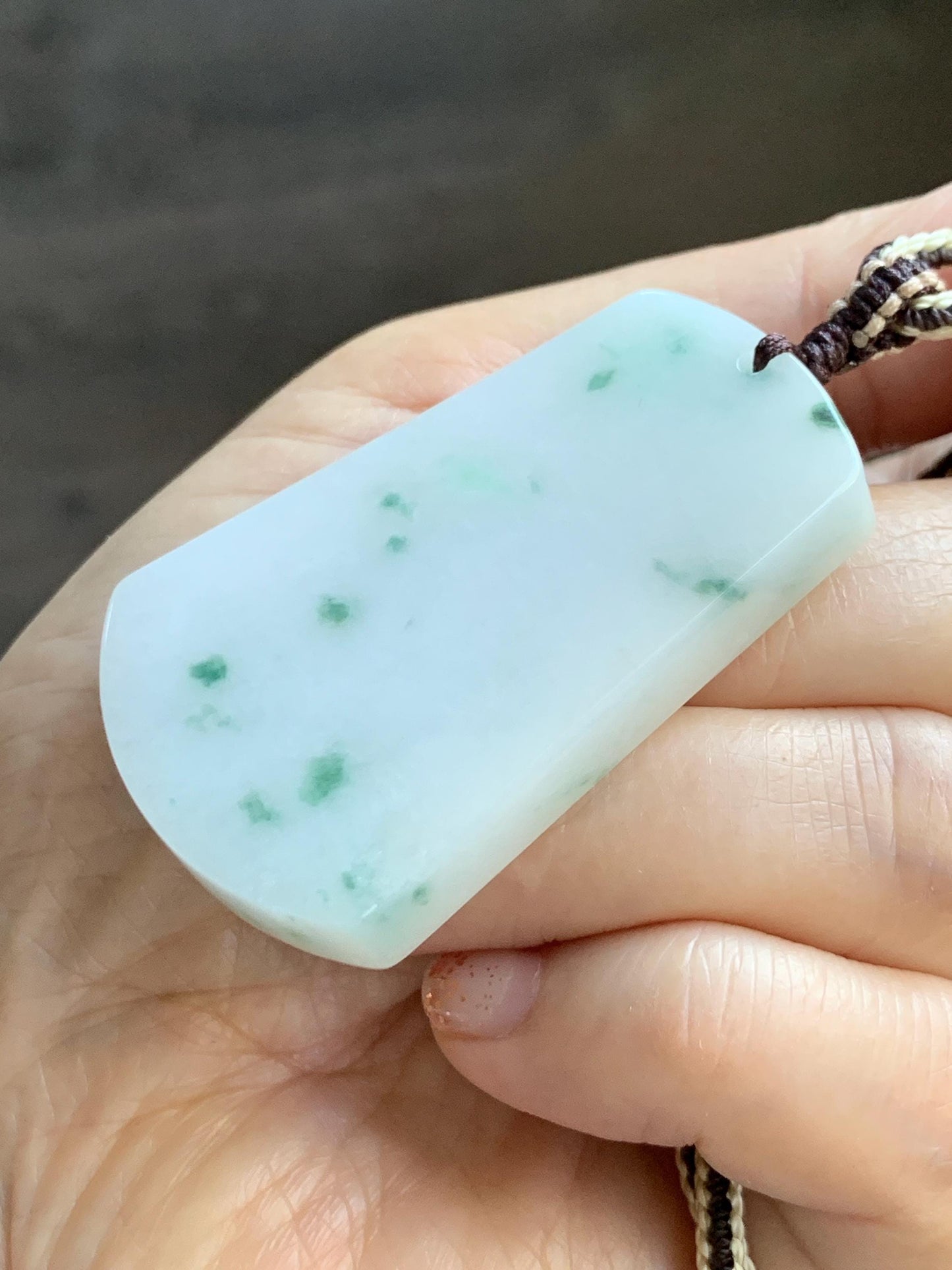 Natural Grade A Icy Translucent White & Green Marbled Jade Jadeite Large Wu Shi Pai Pendant Rope Pendant 28” 36g 天然细糯白飘绿翡翠无事牌吊坠 PLM350B