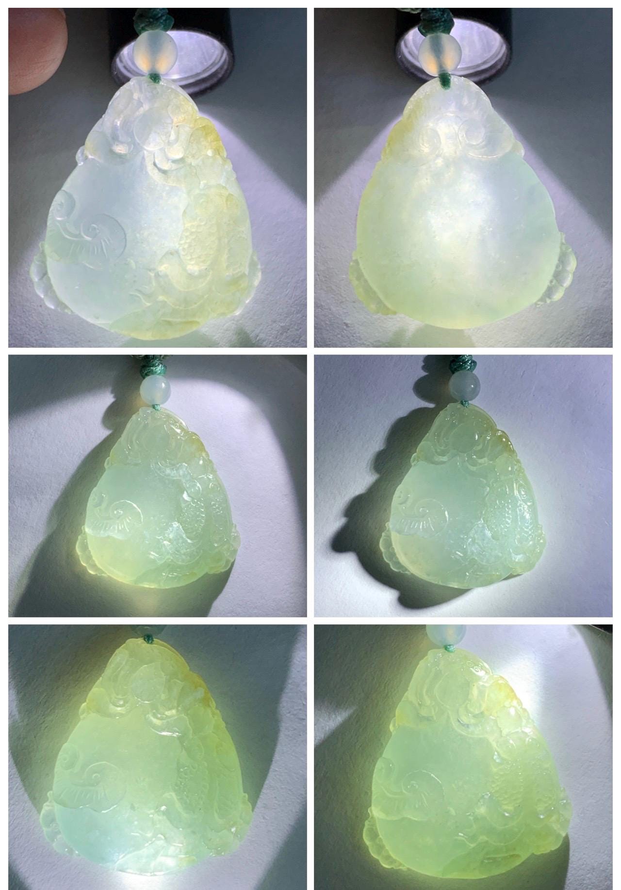 Certified Natural Grade A Icy Translucent Jadeite Lotus Flower Goldfish Ping An Kou Donut Pendant Rope Necklace 天然老种冰胶晴底翡翠莲花鱼平安扣吊坠项链 1694