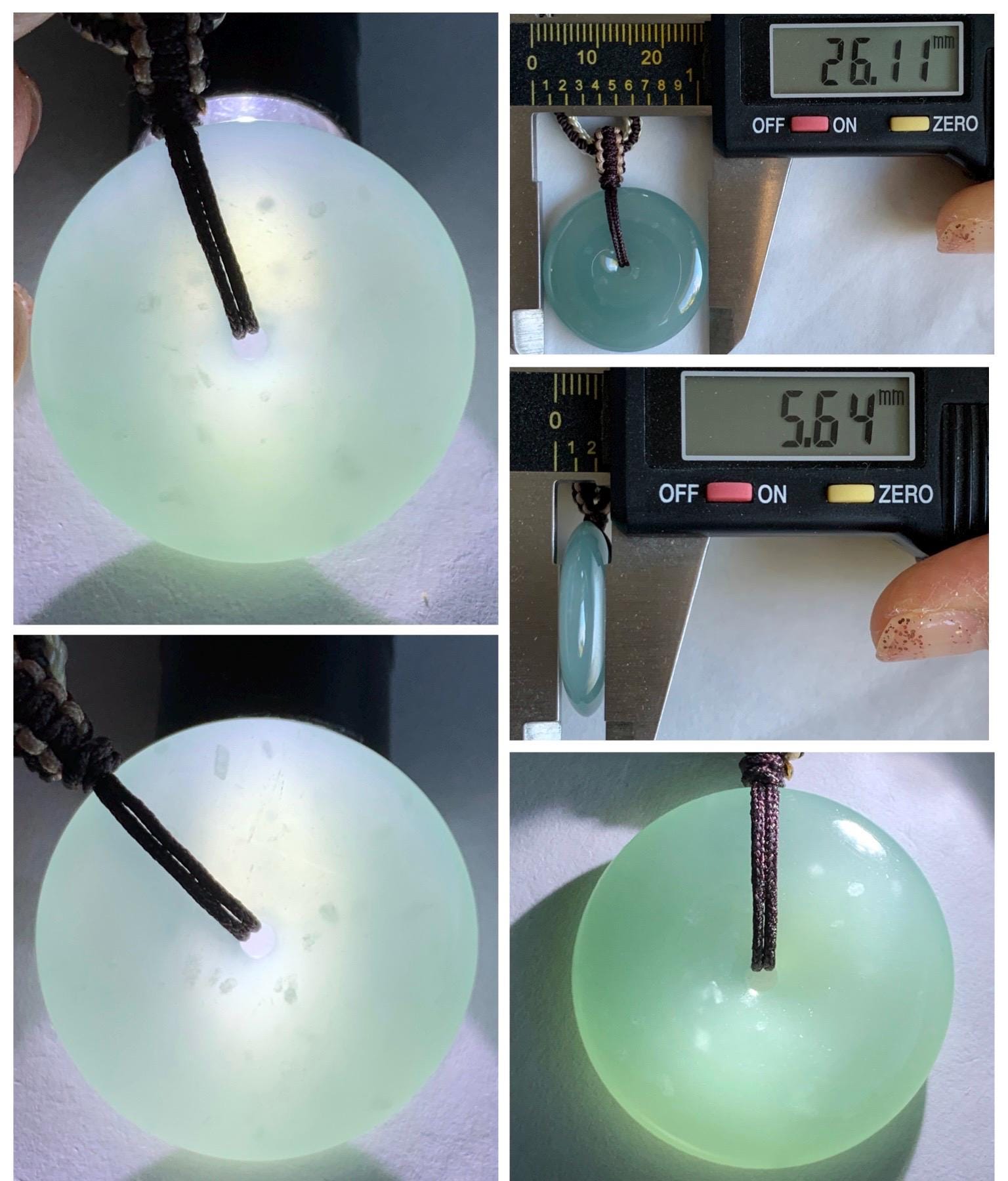 Natural Grade A Guatemalan Icy Translucent Pastel Teal Jade Jadeite Ping An Kou Donut Pendant Rope Necklace 28” 10g 天然冰危浅蓝绿翡翠平安扣吊坠 WPA55