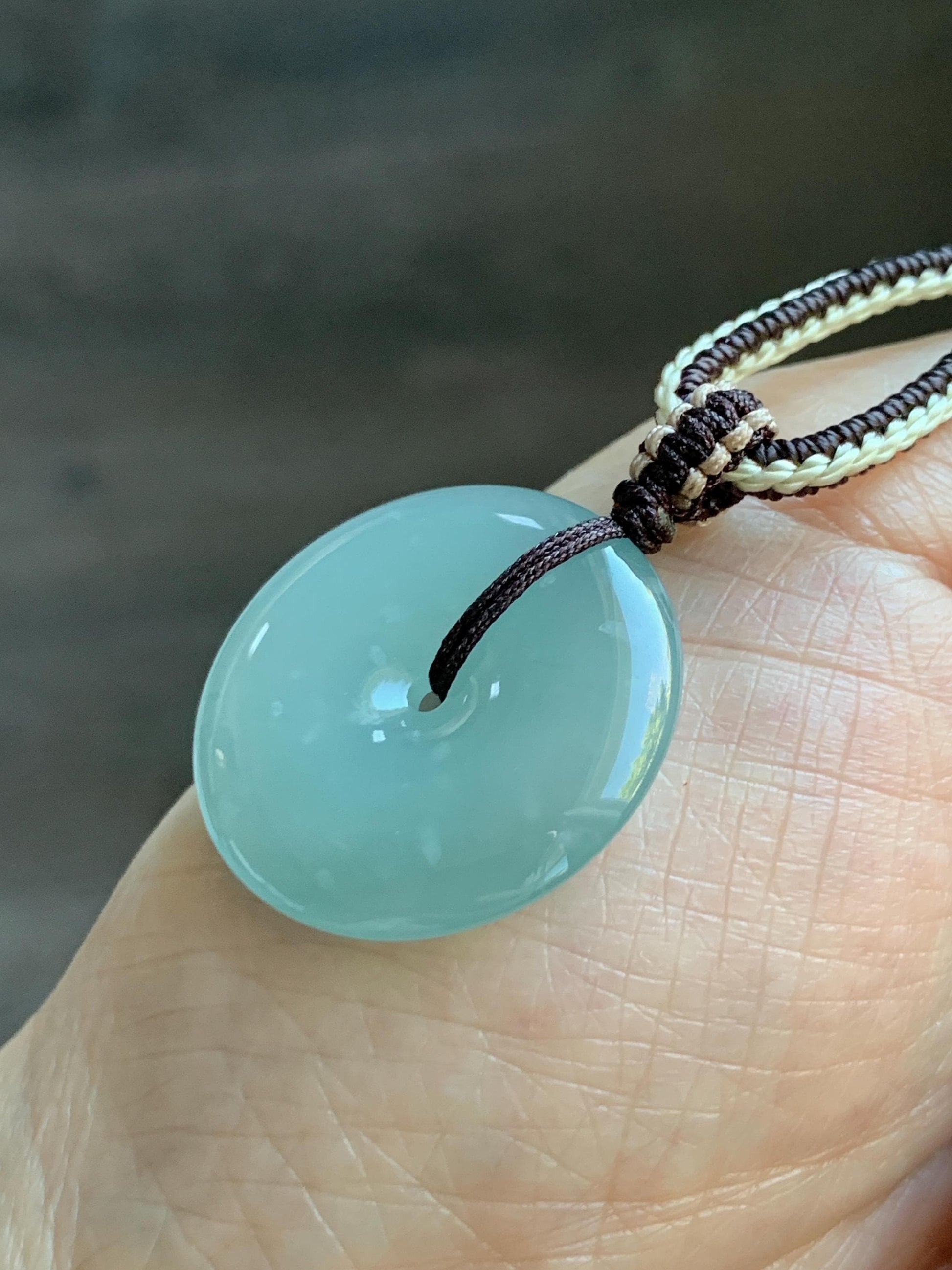 Natural Grade A Guatemalan Icy Translucent Pastel Teal Jade Jadeite Ping An Kou Donut Pendant Rope Necklace 28” 10g 天然冰危浅蓝绿翡翠平安扣吊坠 WPA55