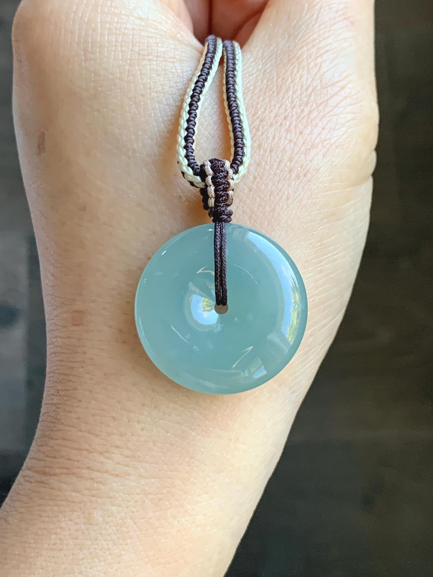 Natural Grade A Guatemalan Icy Translucent Pastel Teal Jade Jadeite Ping An Kou Donut Pendant Rope Necklace 28” 10g 天然冰危浅蓝绿翡翠平安扣吊坠 WPA55