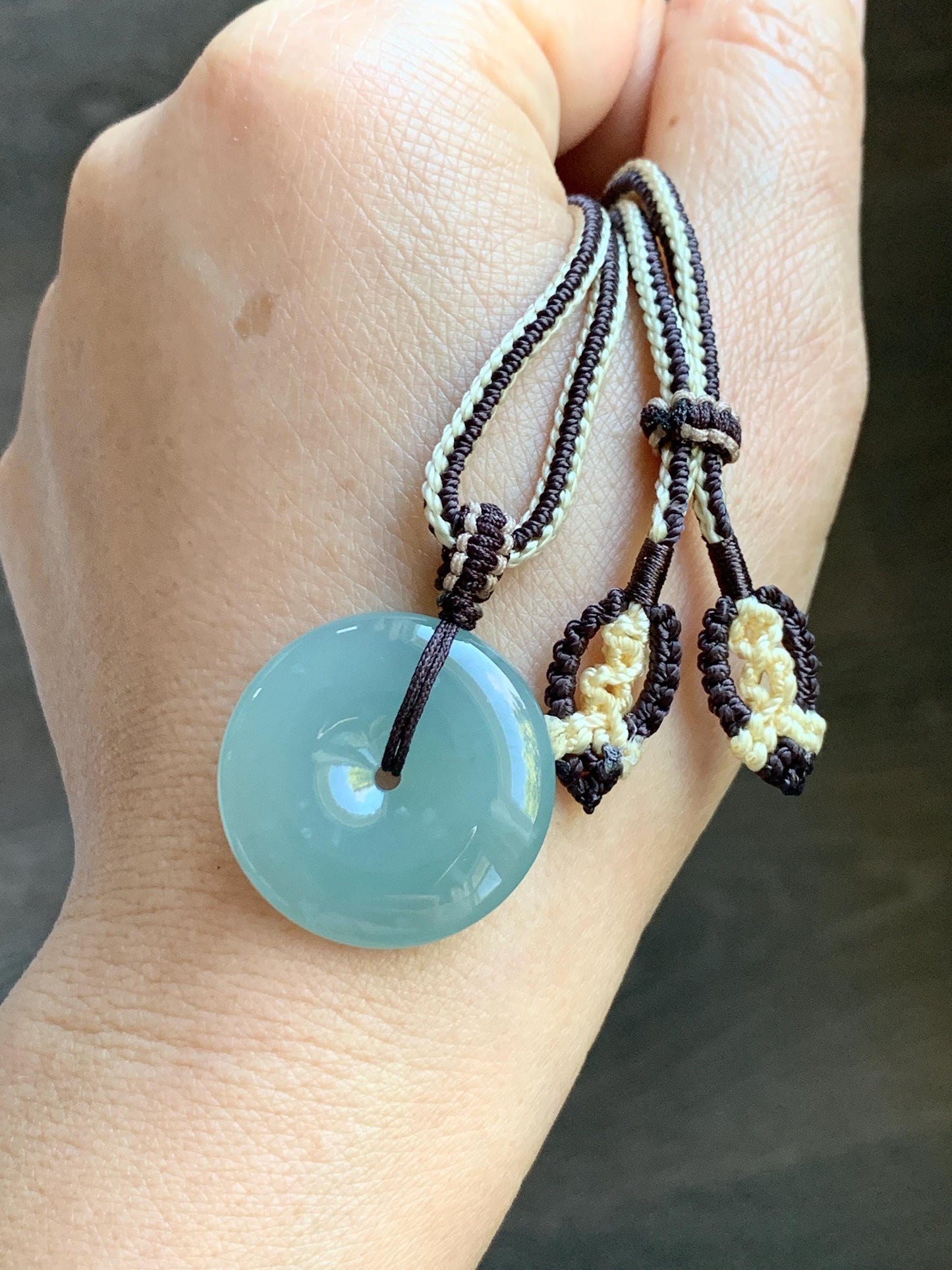 Natural Grade A Guatemalan Icy Translucent Pastel Teal Jade Jadeite Ping An Kou Donut Pendant Rope Necklace 28” 10g 天然冰危浅蓝绿翡翠平安扣吊坠 WPA55