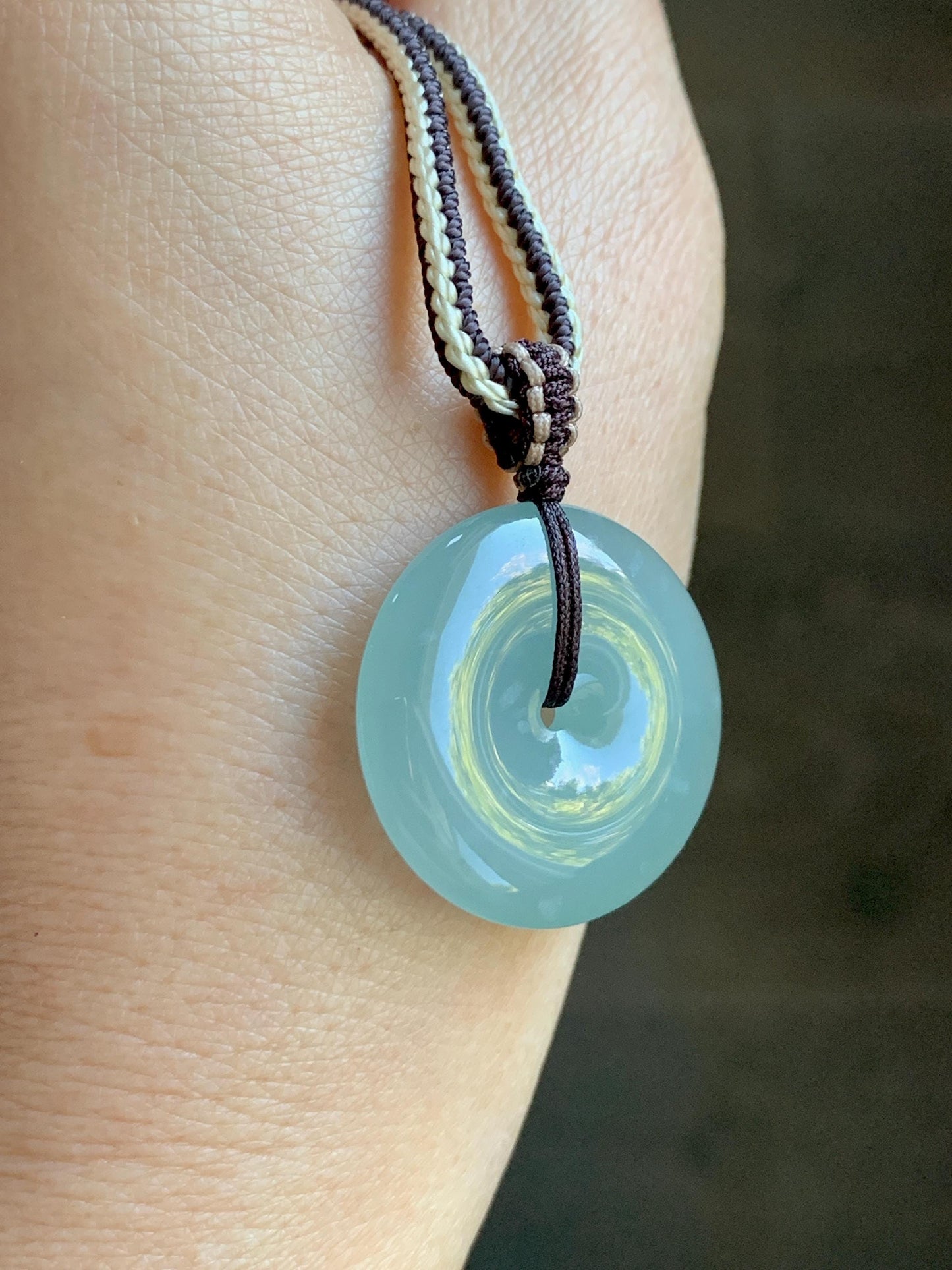 Natural Grade A Guatemalan Icy Translucent Pastel Teal Jade Jadeite Ping An Kou Donut Pendant Rope Necklace 28” 10g 天然冰危浅蓝绿翡翠平安扣吊坠 WPA55