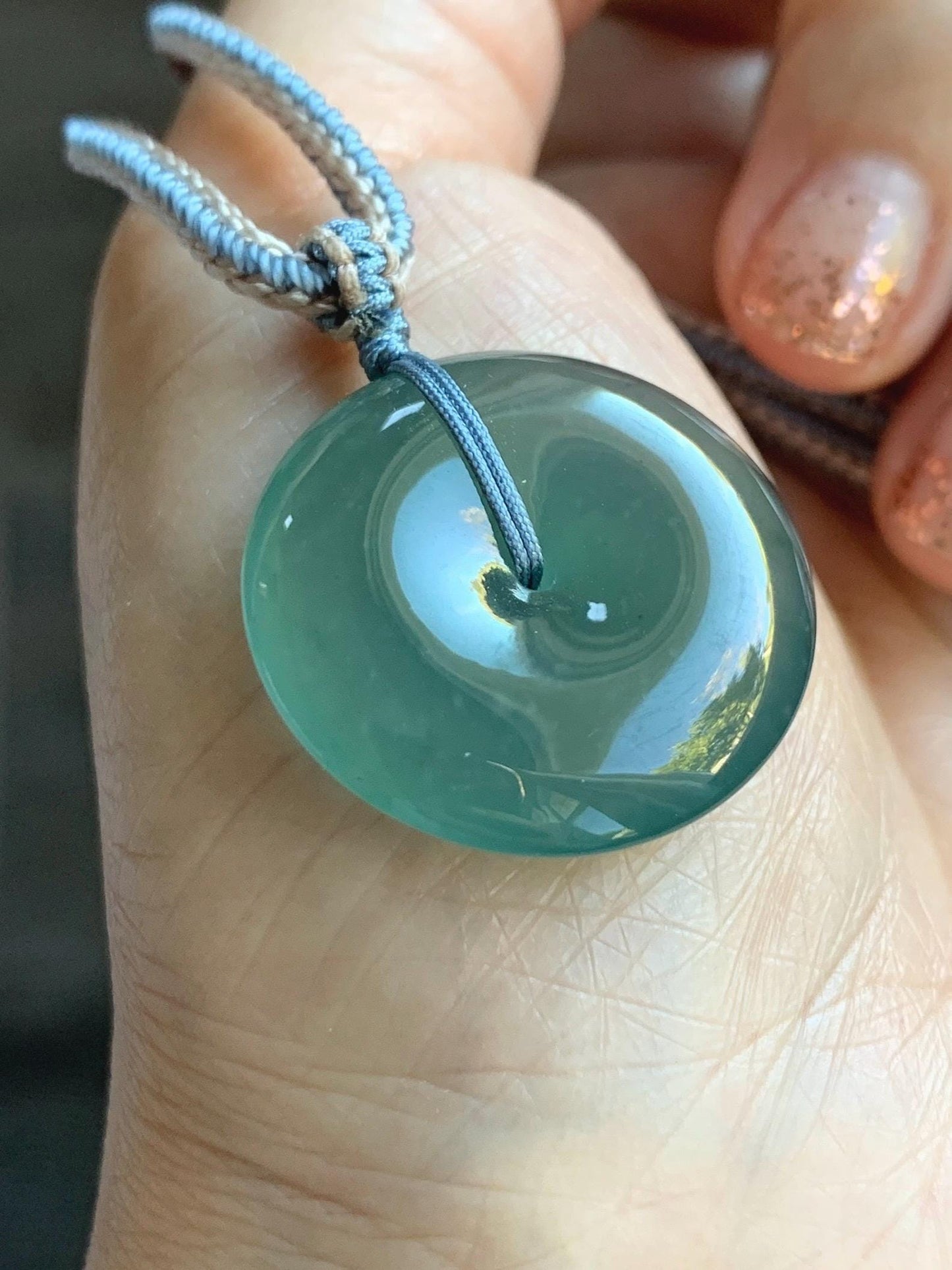 Natural Grade A Guatemalan Icy Translucent Dark Teal Green Jade Jadeite Ping An Kou Donut Pendant Rope Necklace 26” 天然冰危深蓝绿翡翠平安扣吊坠 WSL220