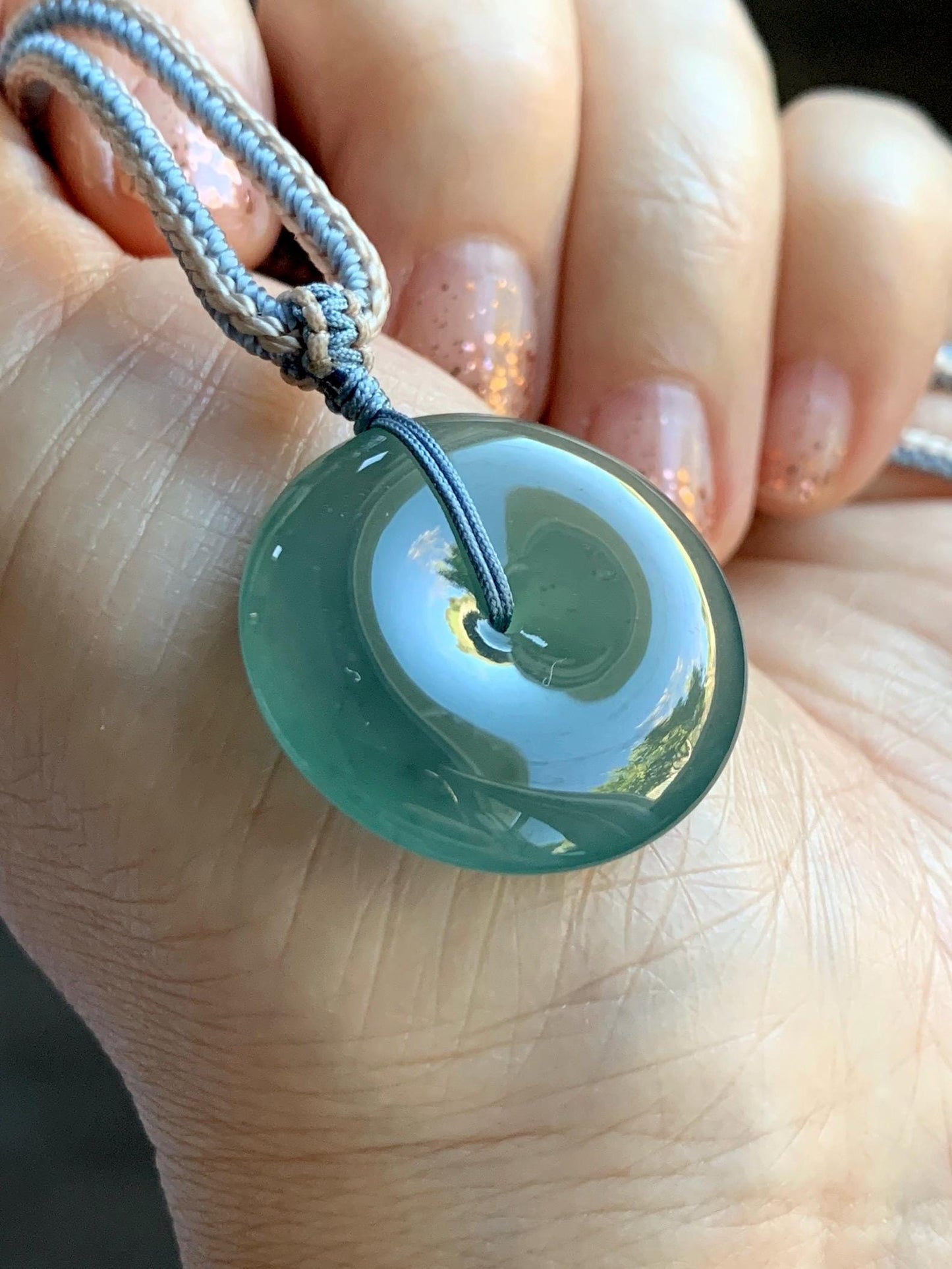 Natural Grade A Guatemalan Icy Translucent Dark Teal Green Jade Jadeite Ping An Kou Donut Pendant Rope Necklace 26” 天然冰危深蓝绿翡翠平安扣吊坠 WSL220