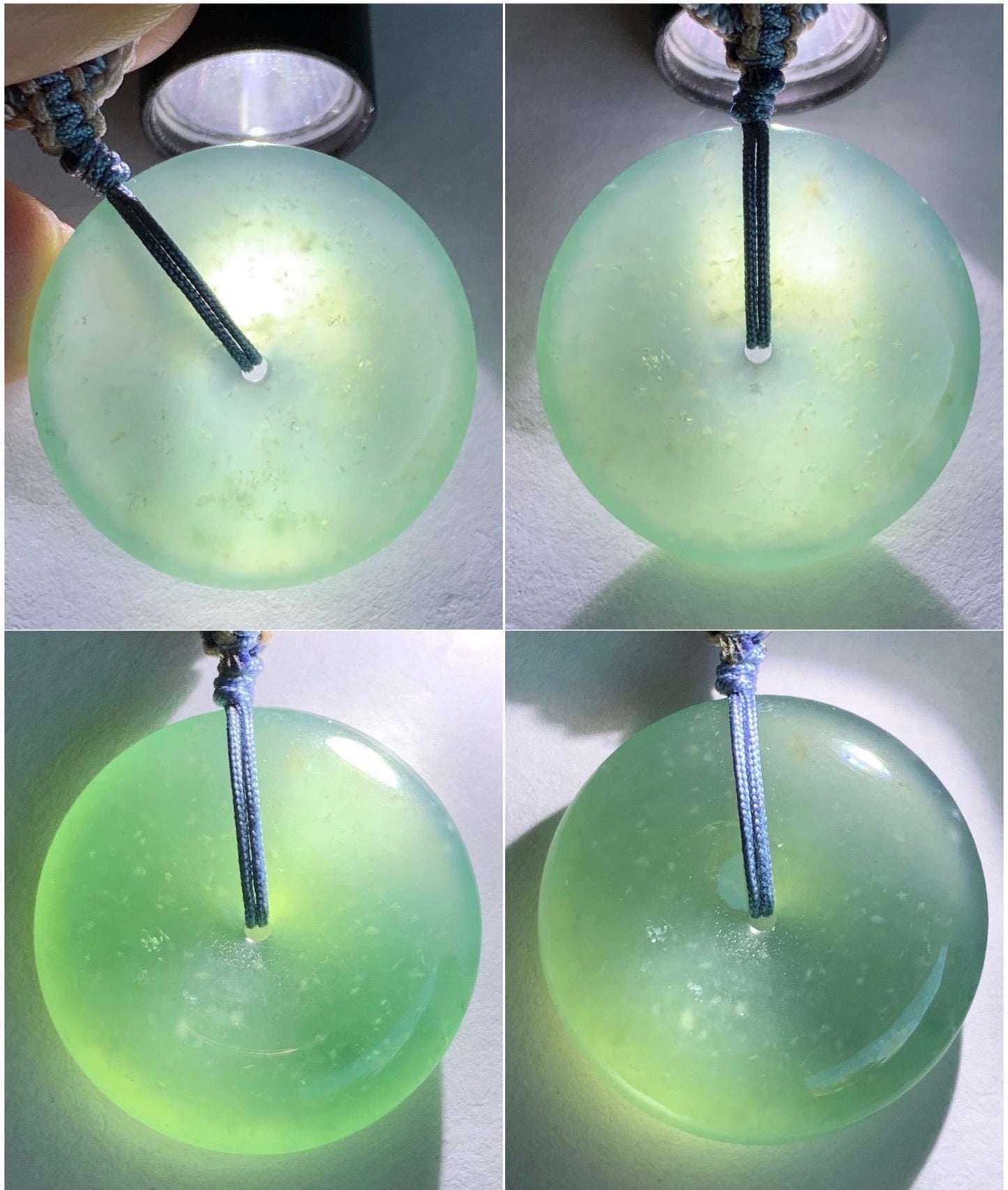 Natural Grade A Guatemalan Icy Translucent Dark Teal Green Jade Jadeite Ping An Kou Donut Pendant Rope Necklace 26” 天然冰危深蓝绿翡翠平安扣吊坠 WSL220