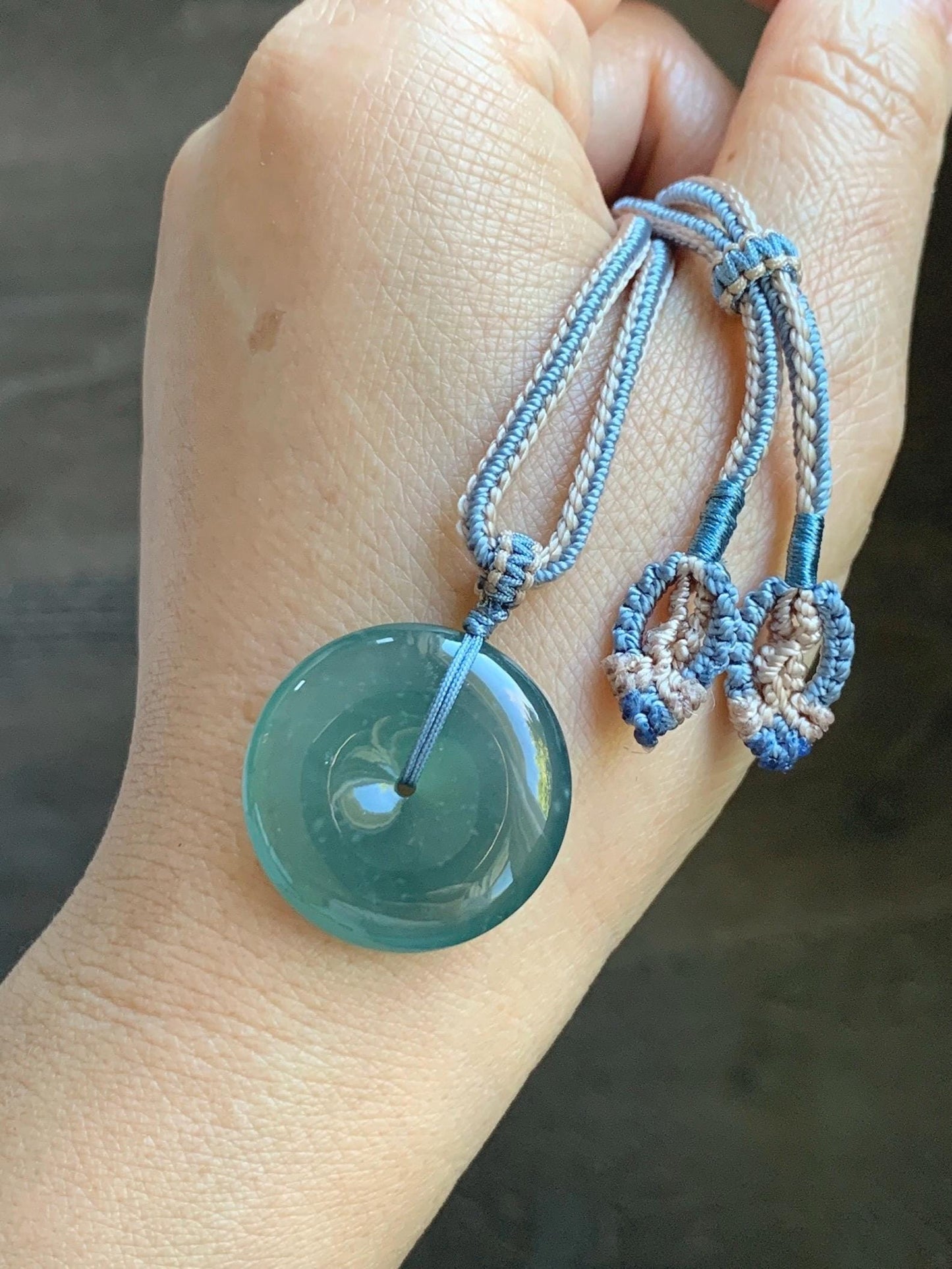 Natural Grade A Guatemalan Icy Translucent Dark Teal Green Jade Jadeite Ping An Kou Donut Pendant Rope Necklace 26” 天然冰危深蓝绿翡翠平安扣吊坠 WSL220