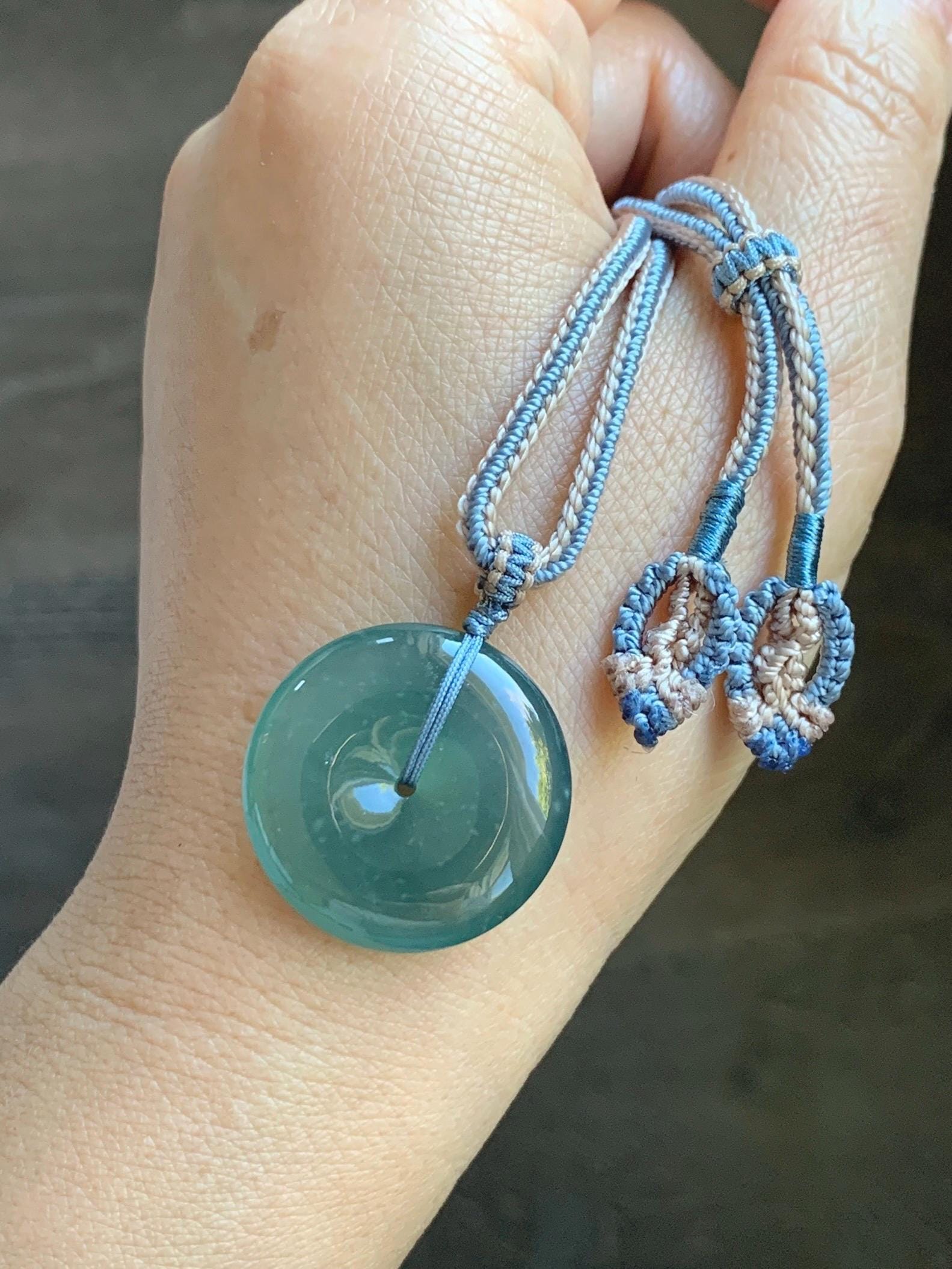 Natural Grade A Guatemalan Icy Translucent Dark Teal Green Jade Jadeite Ping An Kou Donut Pendant Rope Necklace 26” 天然冰危深蓝绿翡翠平安扣吊坠 WSL220