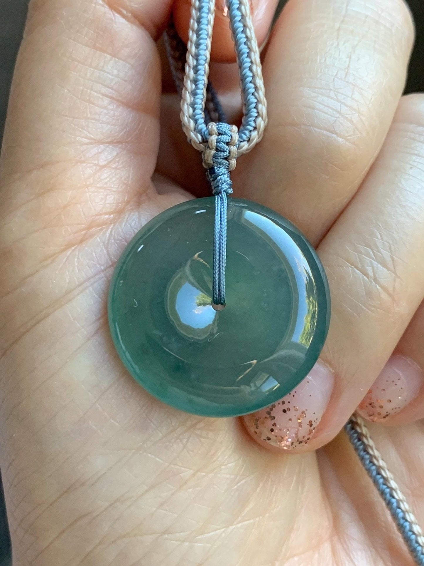 Natural Grade A Guatemalan Icy Translucent Dark Teal Green Jade Jadeite Ping An Kou Donut Pendant Rope Necklace 26” 天然冰危深蓝绿翡翠平安扣吊坠 WSL220