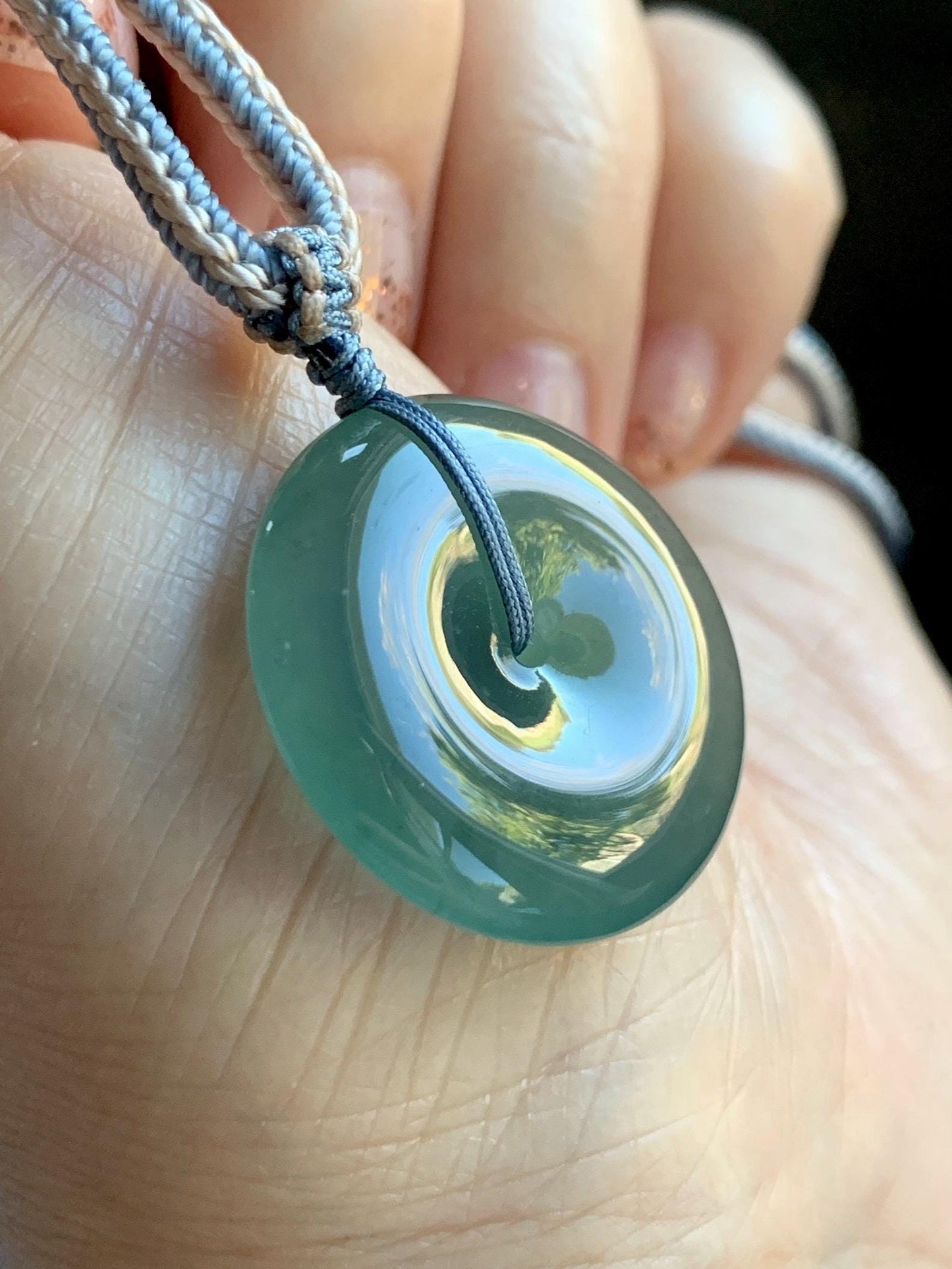 Natural Grade A Guatemalan Icy Translucent Dark Teal Green Jade Jadeite Ping An Kou Donut Pendant Rope Necklace 26” 天然冰危深蓝绿翡翠平安扣吊坠 WSL220