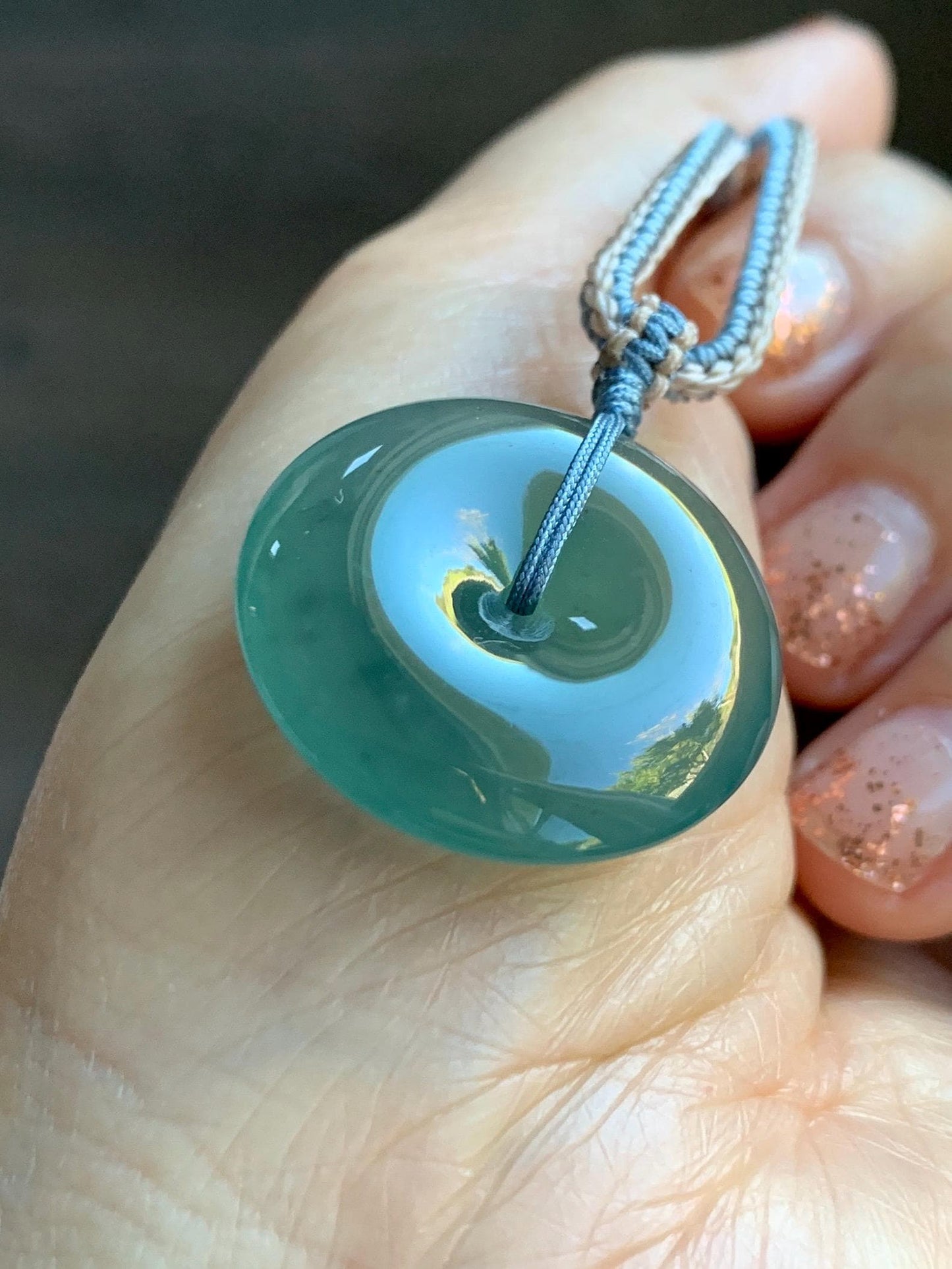Natural Grade A Guatemalan Icy Translucent Dark Teal Green Jade Jadeite Ping An Kou Donut Pendant Rope Necklace 26” 天然冰危深蓝绿翡翠平安扣吊坠 WSL220