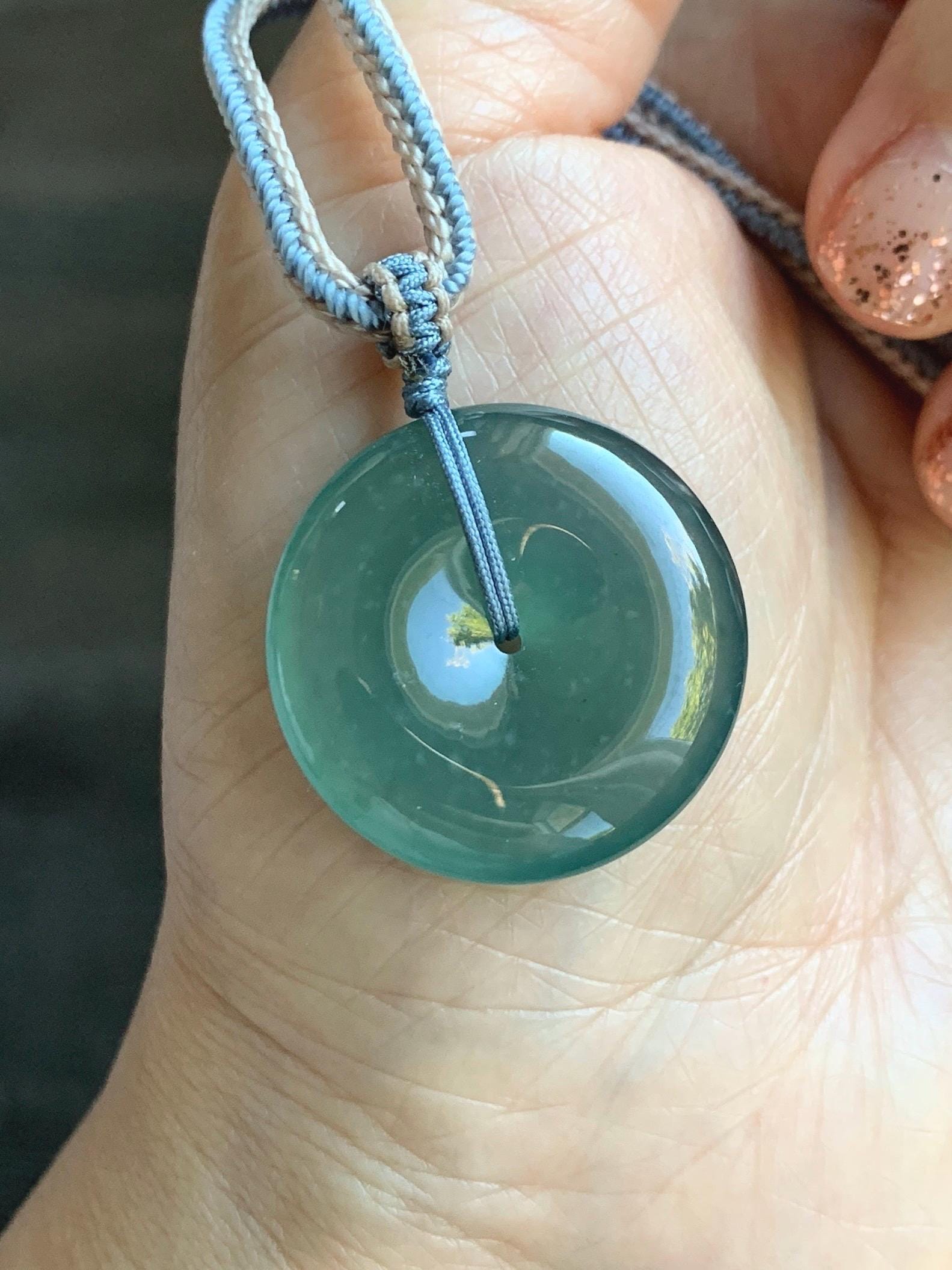 Natural Grade A Guatemalan Icy Translucent Dark Teal Green Jade Jadeite Ping An Kou Donut Pendant Rope Necklace 26” 天然冰危深蓝绿翡翠平安扣吊坠 WSL220