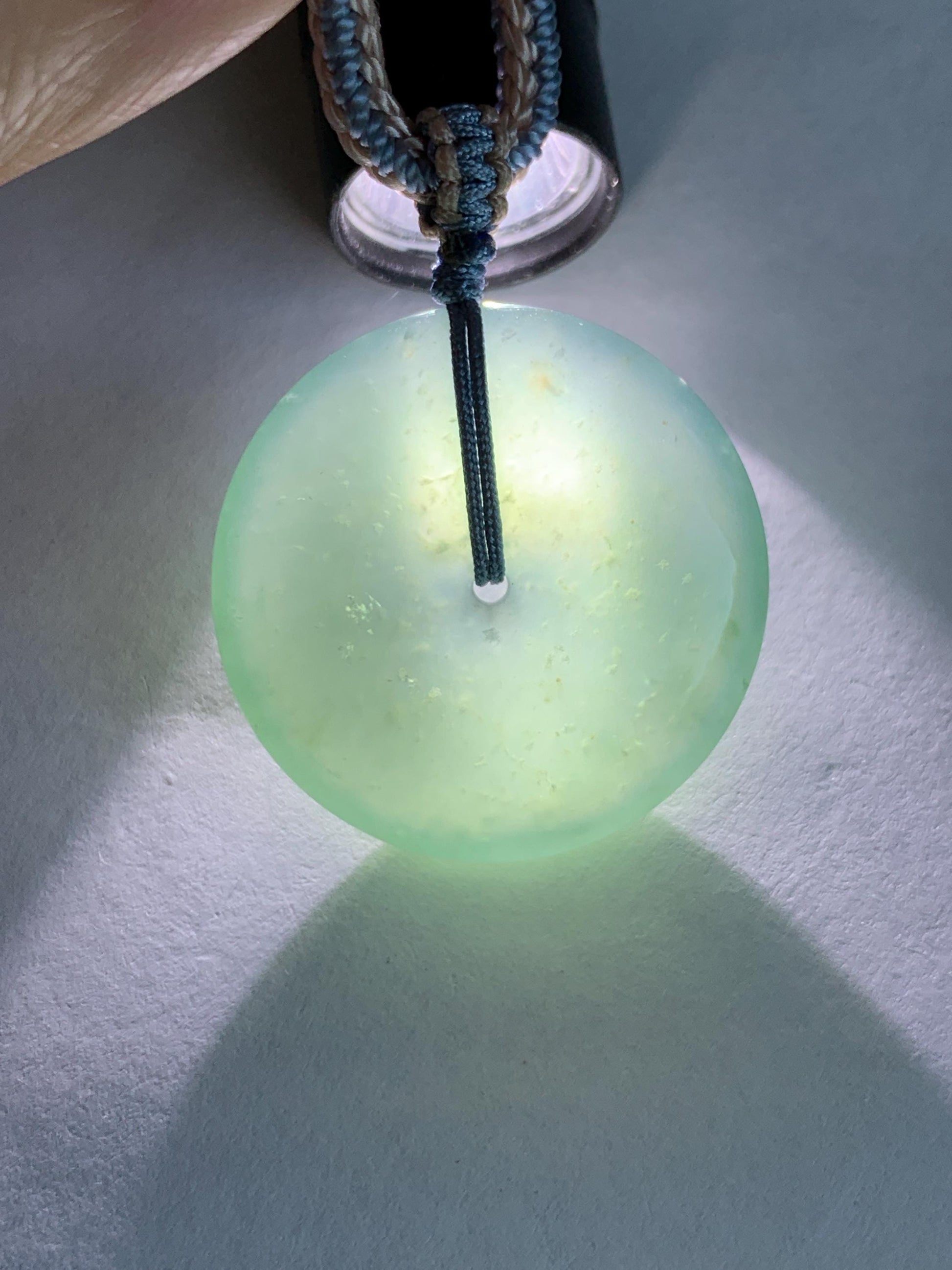 Natural Grade A Guatemalan Icy Translucent Dark Teal Green Jade Jadeite Ping An Kou Donut Pendant Rope Necklace 26” 天然冰危深蓝绿翡翠平安扣吊坠 WSL220