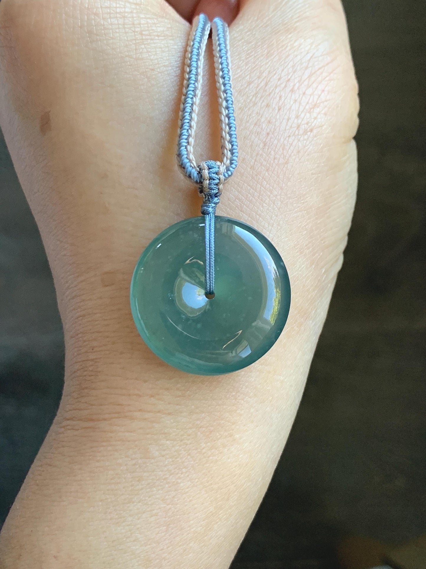Natural Grade A Guatemalan Icy Translucent Dark Teal Green Jade Jadeite Ping An Kou Donut Pendant Rope Necklace 26” 天然冰危深蓝绿翡翠平安扣吊坠 WSL220