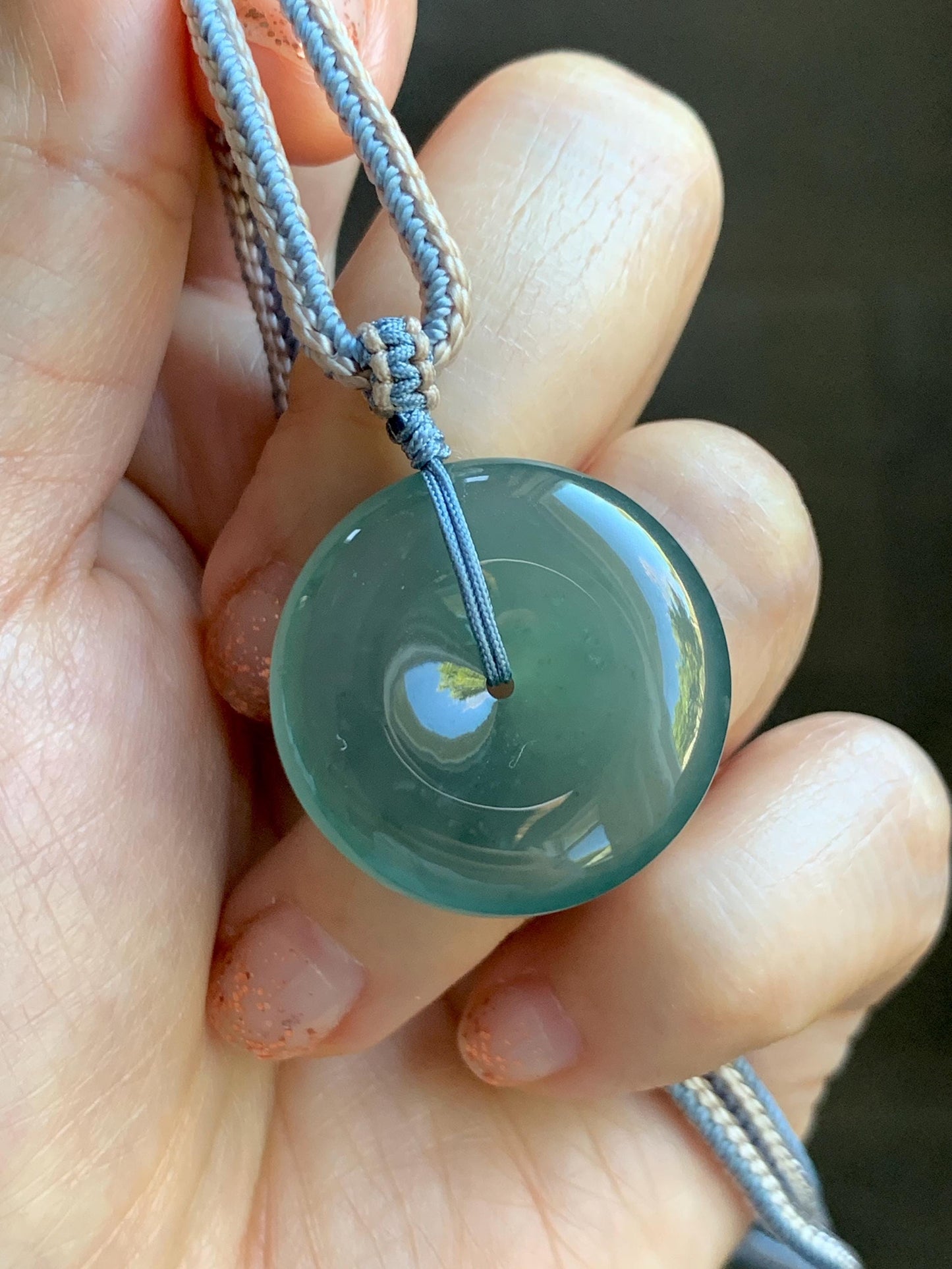 Natural Grade A Guatemalan Icy Translucent Dark Teal Green Jade Jadeite Ping An Kou Donut Pendant Rope Necklace 26” 天然冰危深蓝绿翡翠平安扣吊坠 WSL220