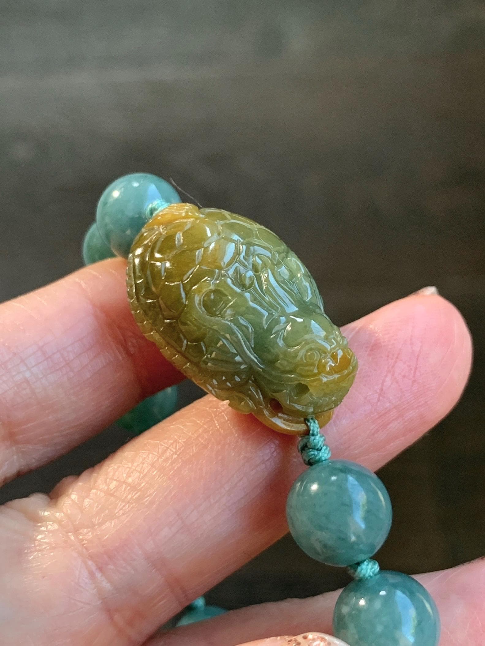 Natural Grade A Guatemalan Translucent Yellow Marbled Jade Jadeite Dragon Turtle Dark Teal Beaded Bracelet 7.75” 33g 天然冰危茶黄翡翠龙龟危蓝圆珠手串 WLG-L
