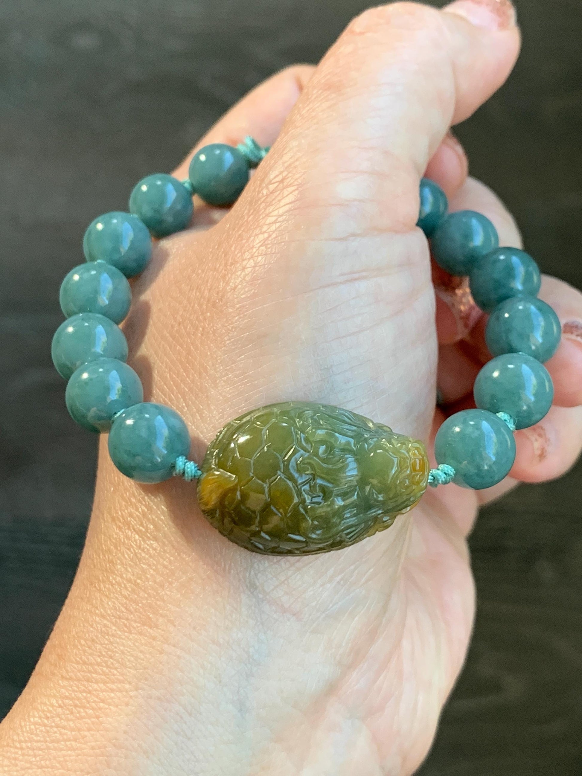 Natural Grade A Guatemalan Translucent Yellow Marbled Jade Jadeite Dragon Turtle Dark Teal Beaded Bracelet 7.75” 33g 天然冰危茶黄翡翠龙龟危蓝圆珠手串 WLG-L
