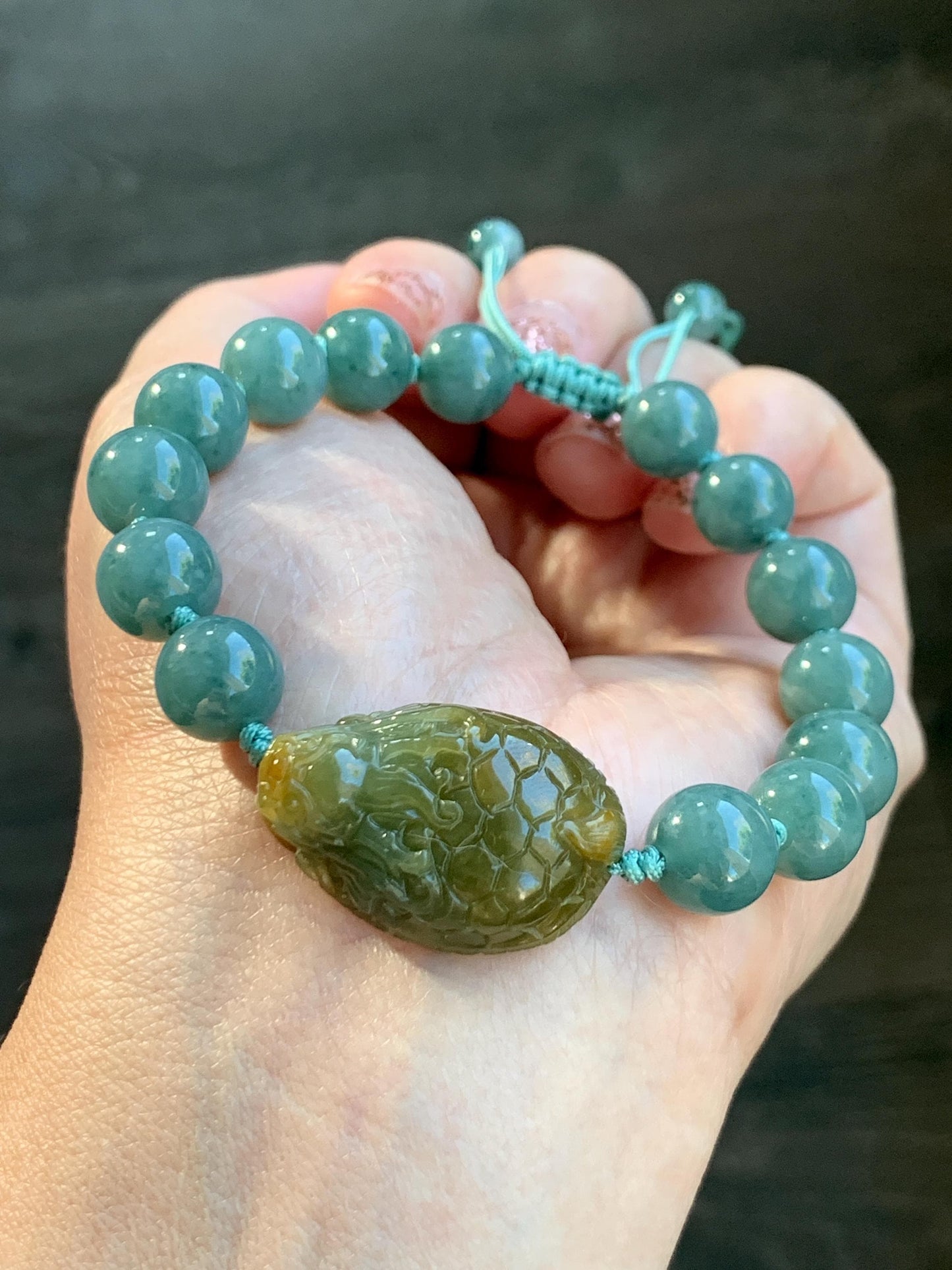 Natural Grade A Guatemalan Translucent Yellow Marbled Jade Jadeite Dragon Turtle Dark Teal Beaded Bracelet 7.75” 33g 天然冰危茶黄翡翠龙龟危蓝圆珠手串 WLG-L