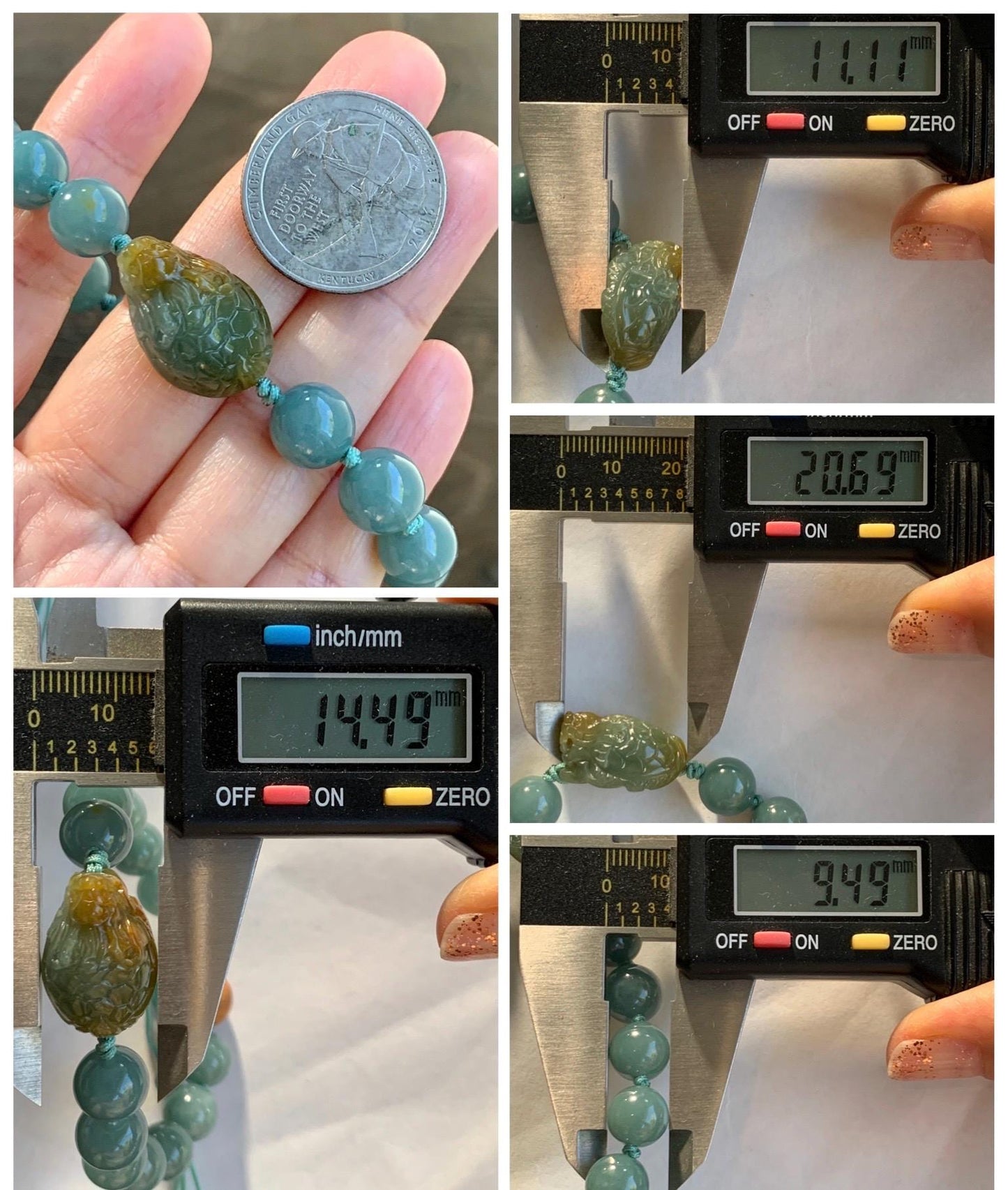 Natural Grade A Guatemalan Translucent Yellow Marbled Jade Jadeite Dragon Turtle Dusty Teal Beaded Bracelet 7.25” 29g 天然冰危茶黄翡翠龙龟危蓝圆珠手串 WLG-X