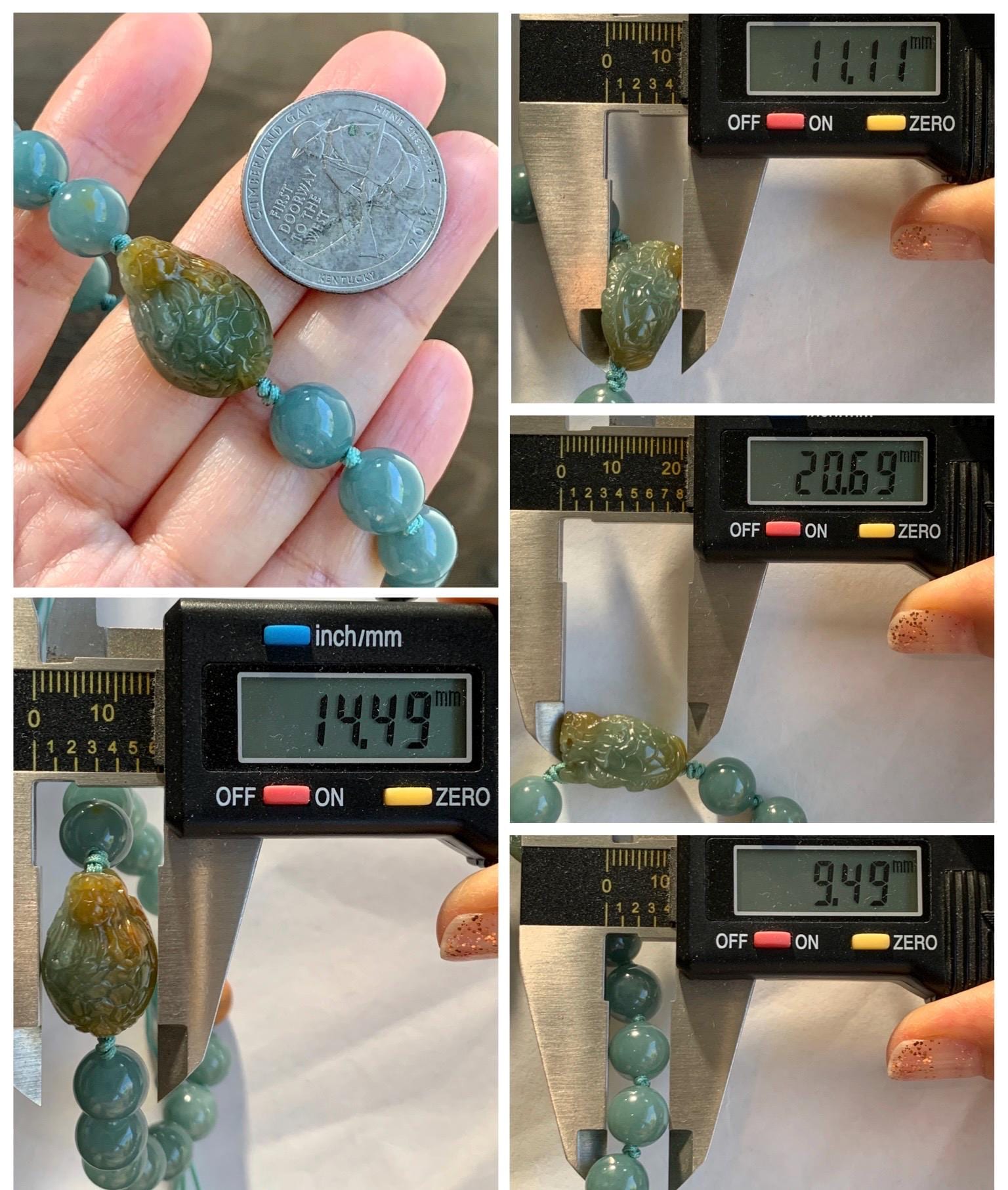 Natural Grade A Guatemalan Translucent Yellow Marbled Jade Jadeite Dragon Turtle Dusty Teal Beaded Bracelet 7.25” 29g 天然冰危茶黄翡翠龙龟危蓝圆珠手串 WLG-X