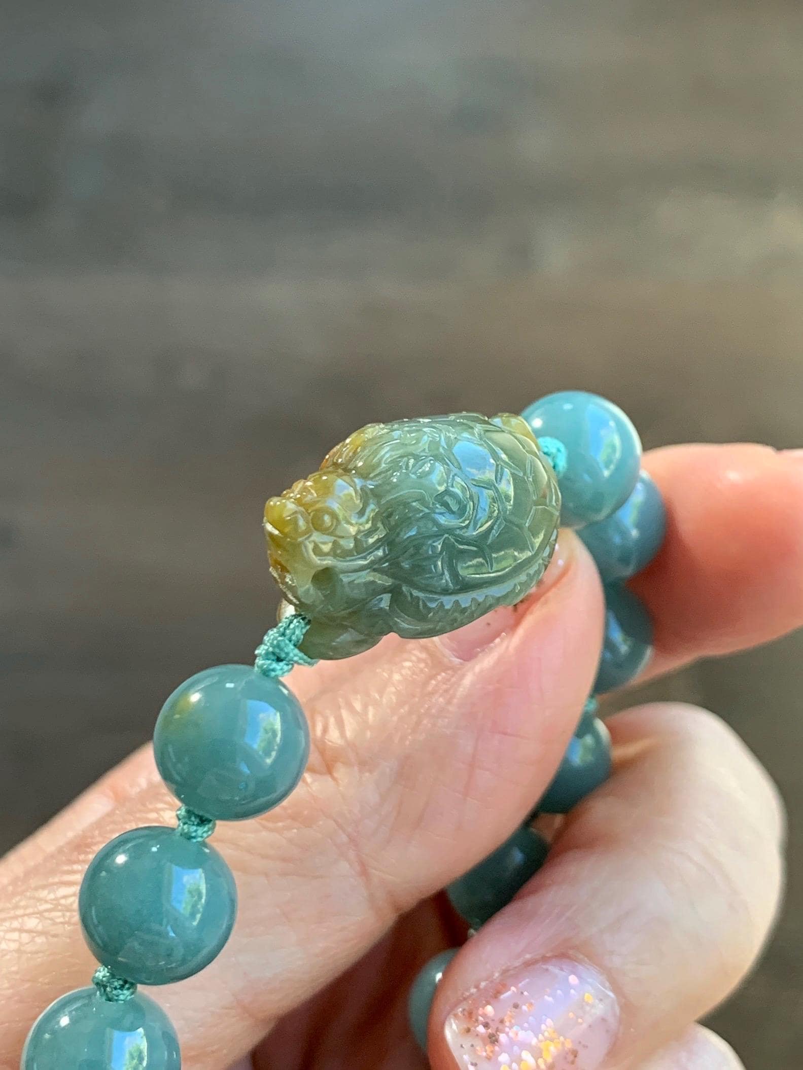 Natural Grade A Guatemalan Translucent Yellow Marbled Jade Jadeite Dragon Turtle Dusty Teal Beaded Bracelet 7.25” 29g 天然冰危茶黄翡翠龙龟危蓝圆珠手串 WLG-X