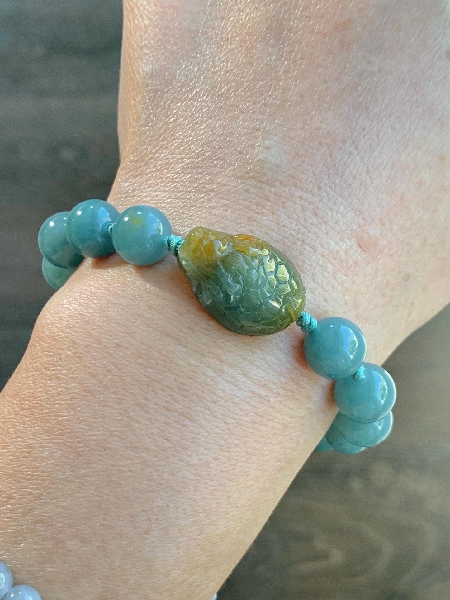 Natural Grade A Guatemalan Translucent Yellow Marbled Jade Jadeite Dragon Turtle Dusty Teal Beaded Bracelet 7.25” 29g 天然冰危茶黄翡翠龙龟危蓝圆珠手串 WLG-X