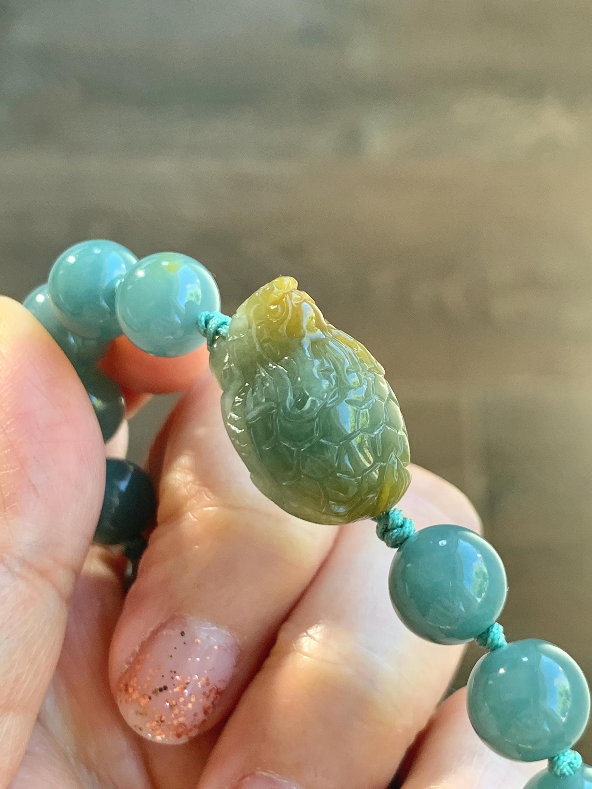 Natural Grade A Guatemalan Translucent Yellow Marbled Jade Jadeite Dragon Turtle Dusty Teal Beaded Bracelet 7.25” 29g 天然冰危茶黄翡翠龙龟危蓝圆珠手串 WLG-X