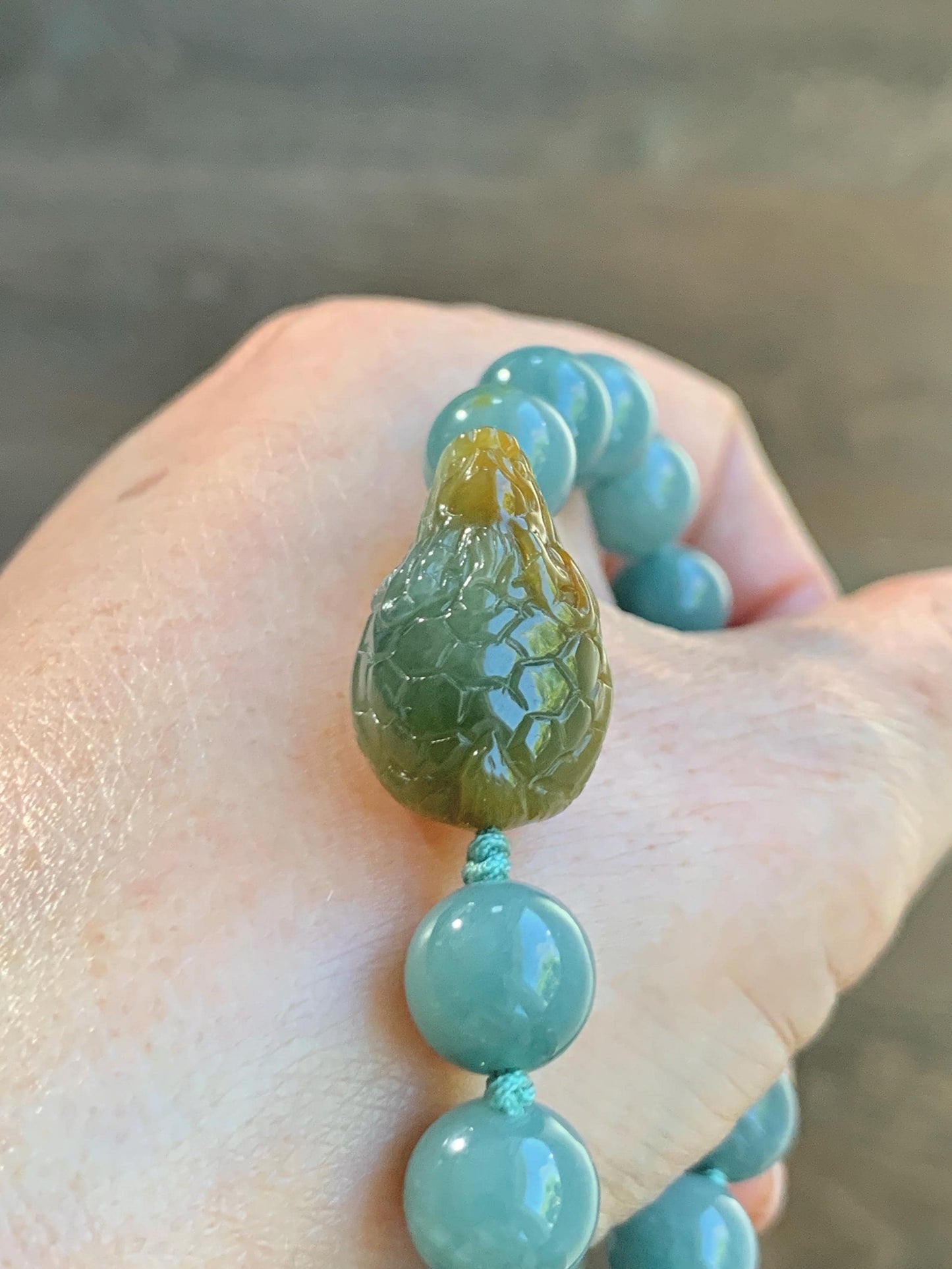 Natural Grade A Guatemalan Translucent Yellow Marbled Jade Jadeite Dragon Turtle Dusty Teal Beaded Bracelet 7.25” 29g 天然冰危茶黄翡翠龙龟危蓝圆珠手串 WLG-X