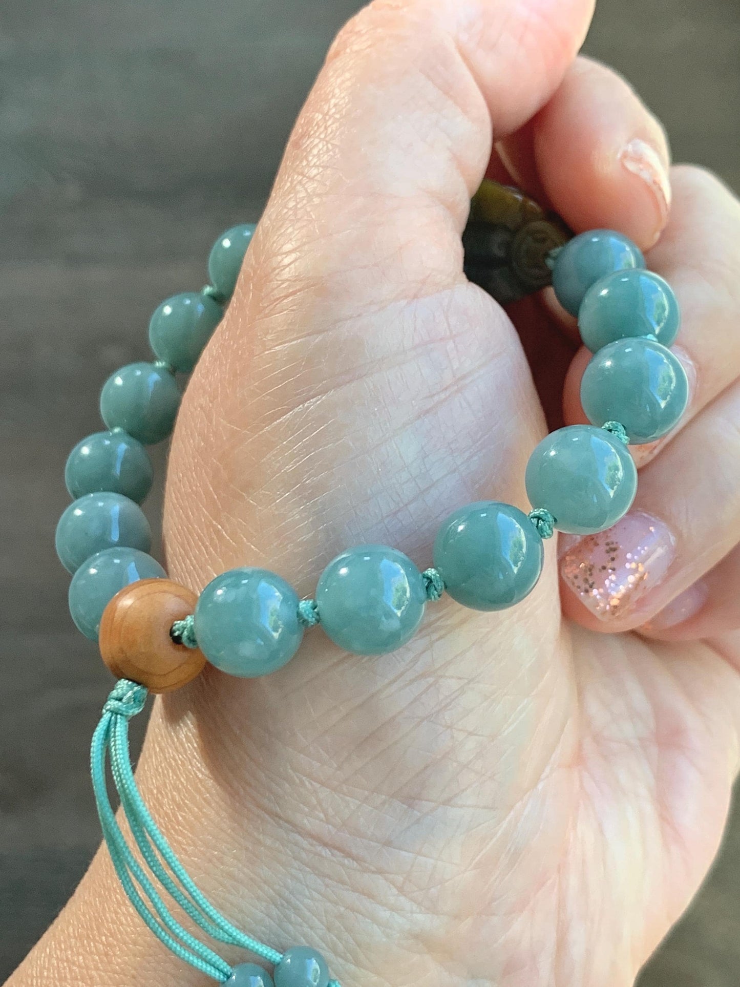 Natural Grade A Guatemalan Translucent Yellow Marbled Jade Jadeite Dragon Turtle Dusty Teal Beaded Bracelet 7.25” 29g 天然冰危茶黄翡翠龙龟危蓝圆珠手串 WLG-X