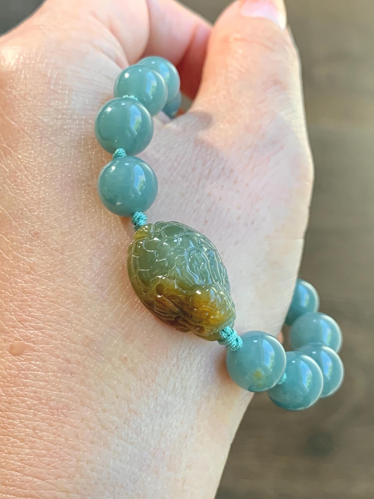 Natural Grade A Guatemalan Translucent Yellow Marbled Jade Jadeite Dragon Turtle Dusty Teal Beaded Bracelet 7.25” 29g 天然冰危茶黄翡翠龙龟危蓝圆珠手串 WLG-X