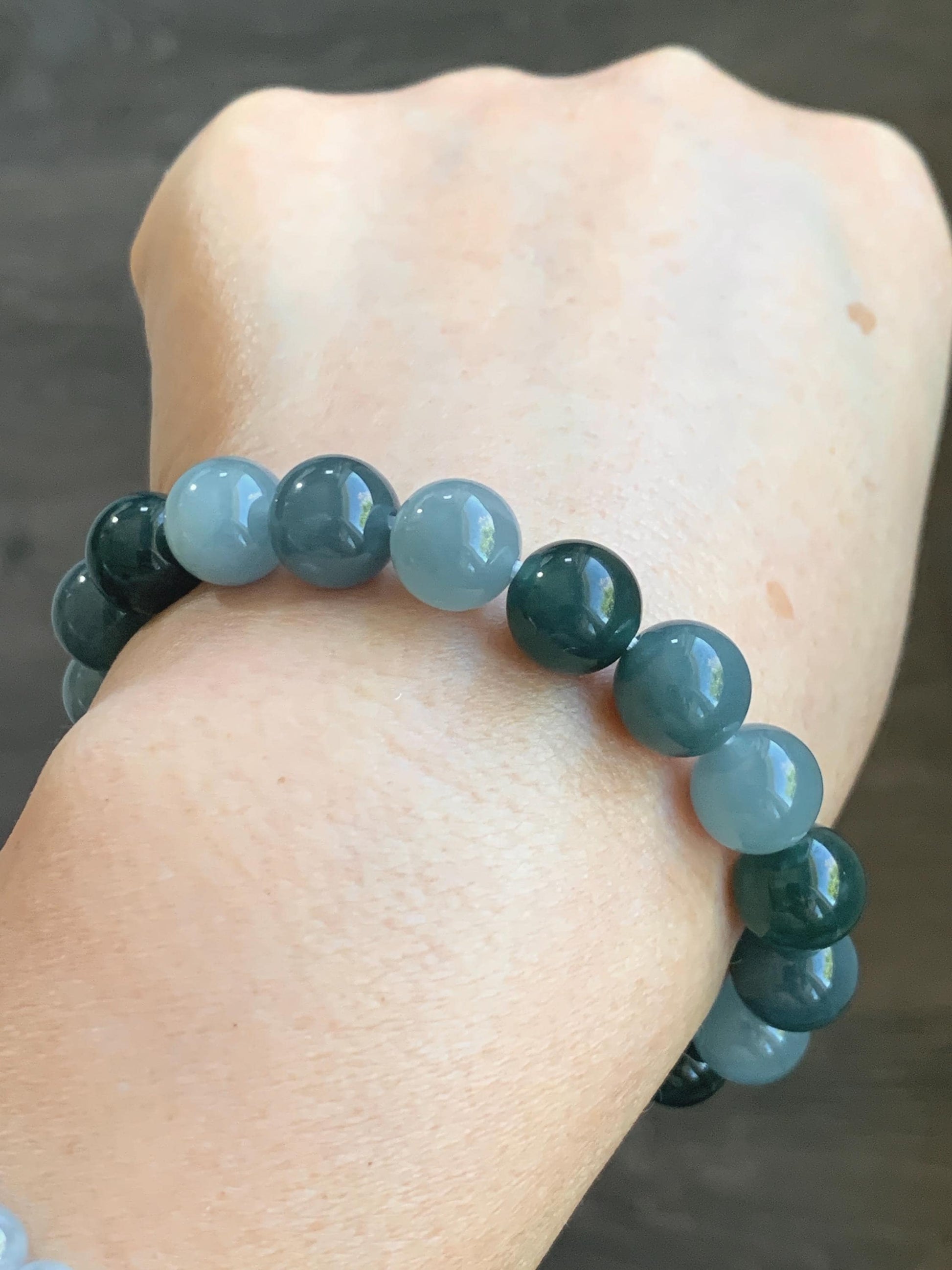 Natural Grade A Guatemalan Icy Translucent Dusty Teal Blue Multicolored Jade Jadeite Beaded Bracelet 9.7mm 7” 31g 天然冰危蓝水多宝翡翠手串 WDB150A