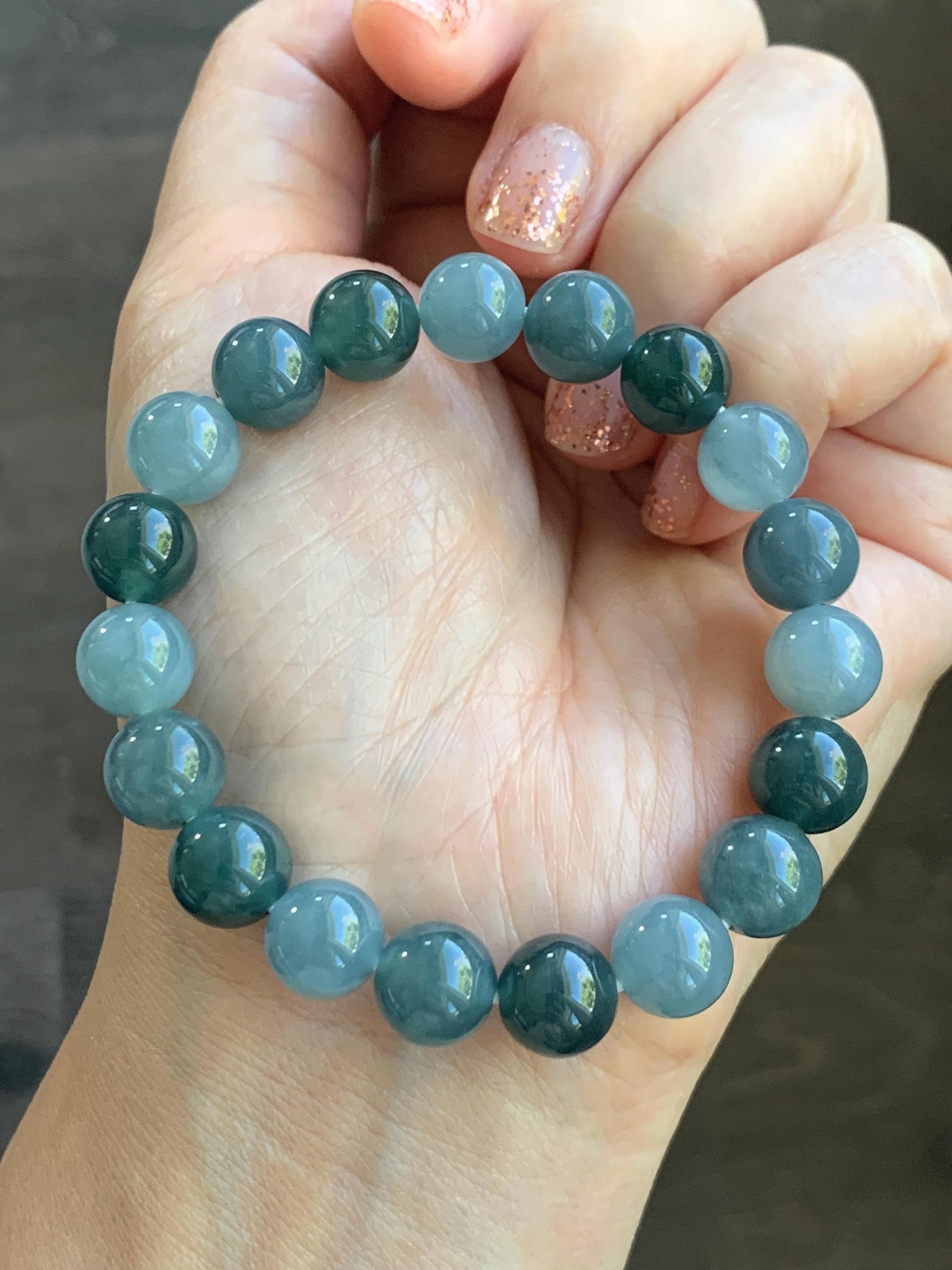 Natural Grade A Guatemalan Icy Translucent Dusty Teal Blue Multicolored Jade Jadeite Beaded Bracelet 9.7mm 7” 31g 天然冰危蓝水多宝翡翠手串 WDB150A
