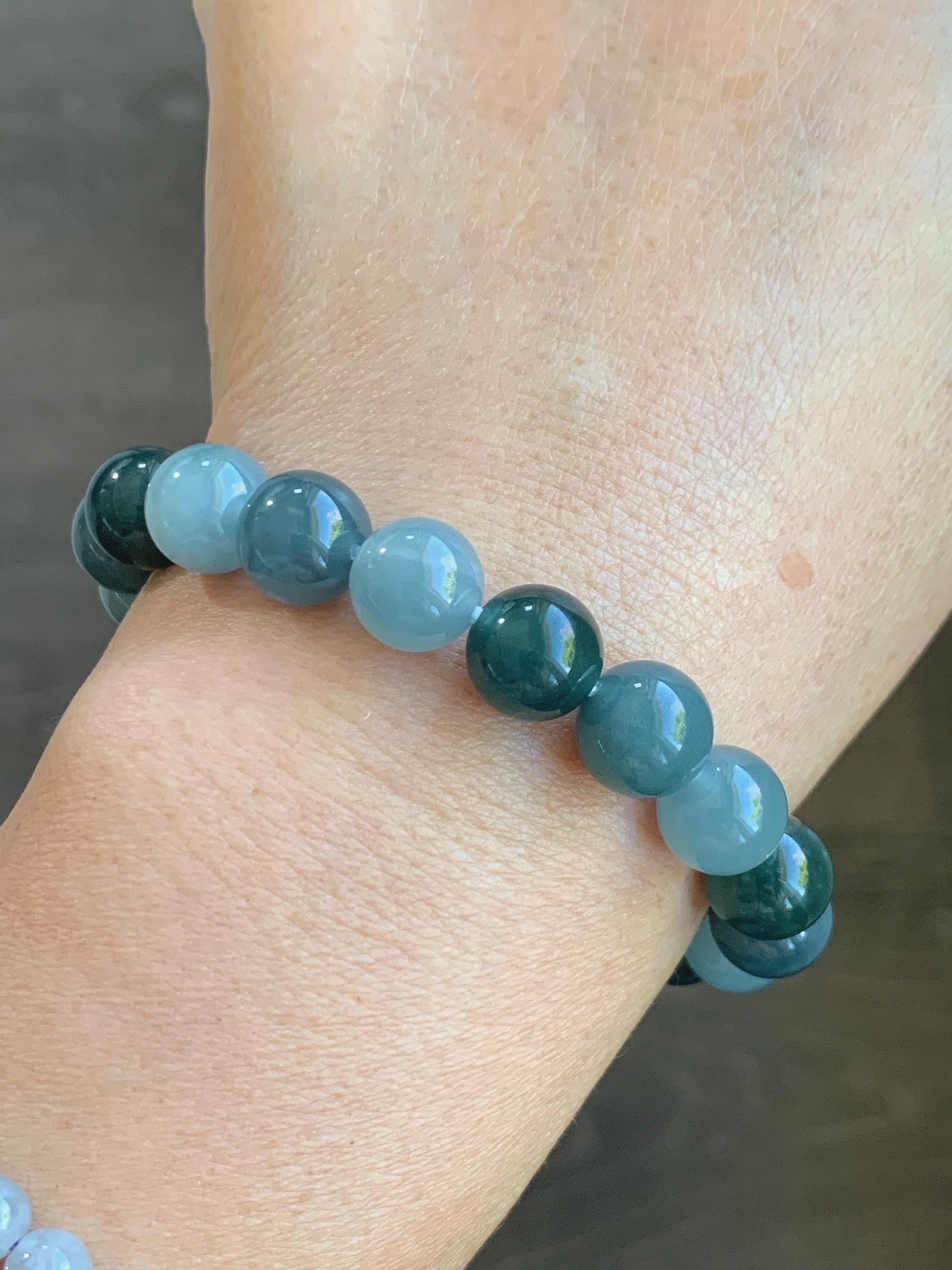 Natural Grade A Guatemalan Icy Translucent Dusty Teal Blue Multicolored Jade Jadeite Beaded Bracelet 9.7mm 7” 31g 天然冰危蓝水多宝翡翠手串 WDB150A