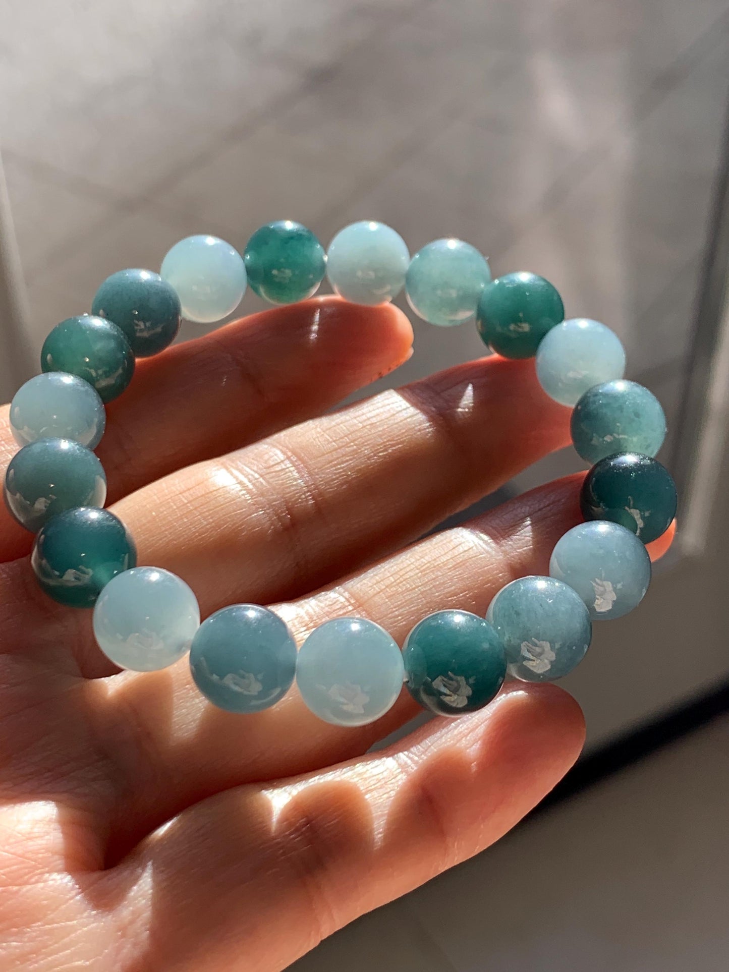 Natural Grade A Guatemalan Icy Translucent Dusty Teal Blue Multicolored Jade Jadeite Beaded Bracelet 9.7mm 7” 31g 天然冰危蓝水多宝翡翠手串 WDB150A