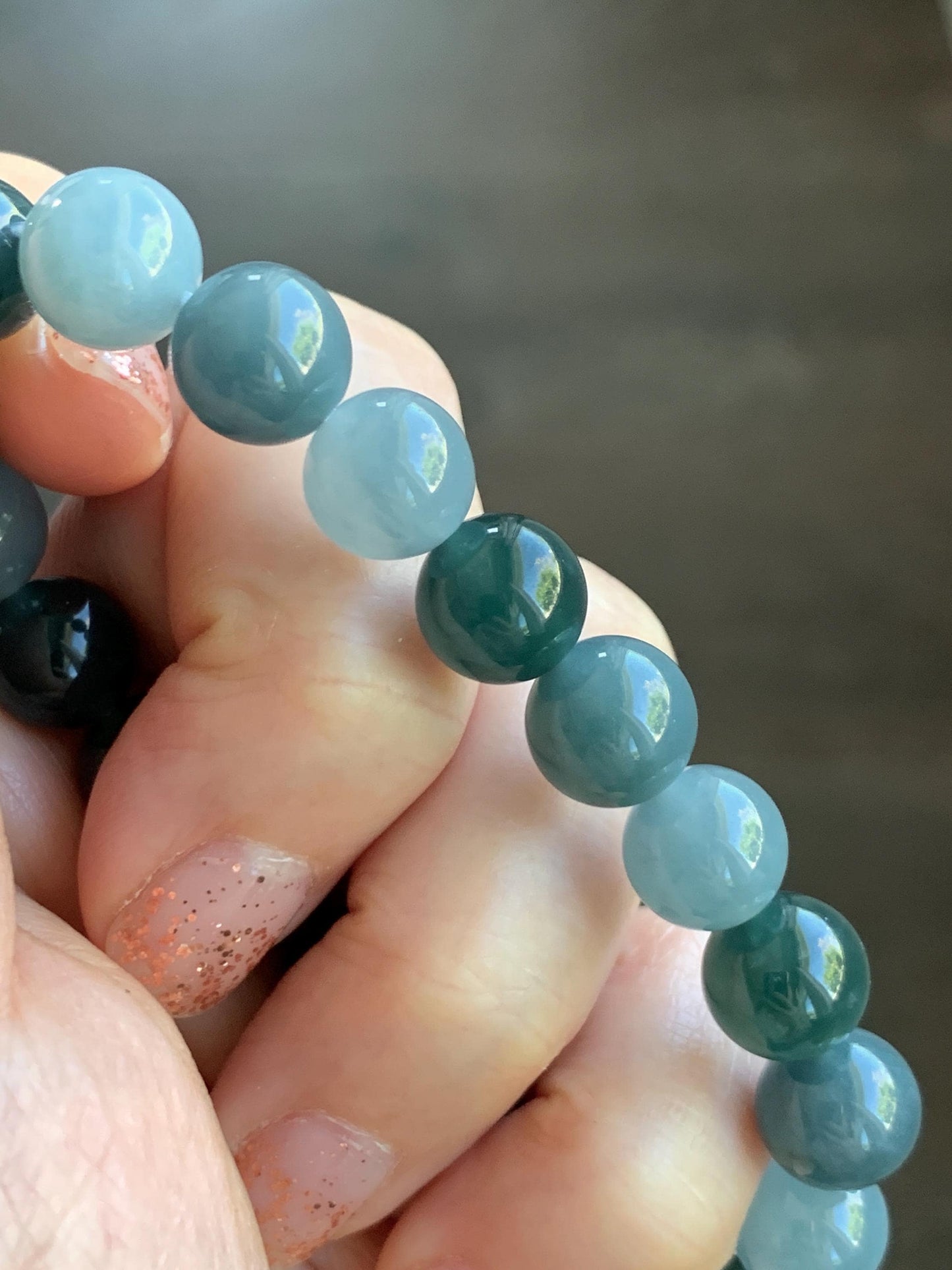 Natural Grade A Guatemalan Icy Translucent Dusty Teal Blue Multicolored Jade Jadeite Beaded Bracelet 9.7mm 7” 31g 天然冰危蓝水多宝翡翠手串 WDB150A